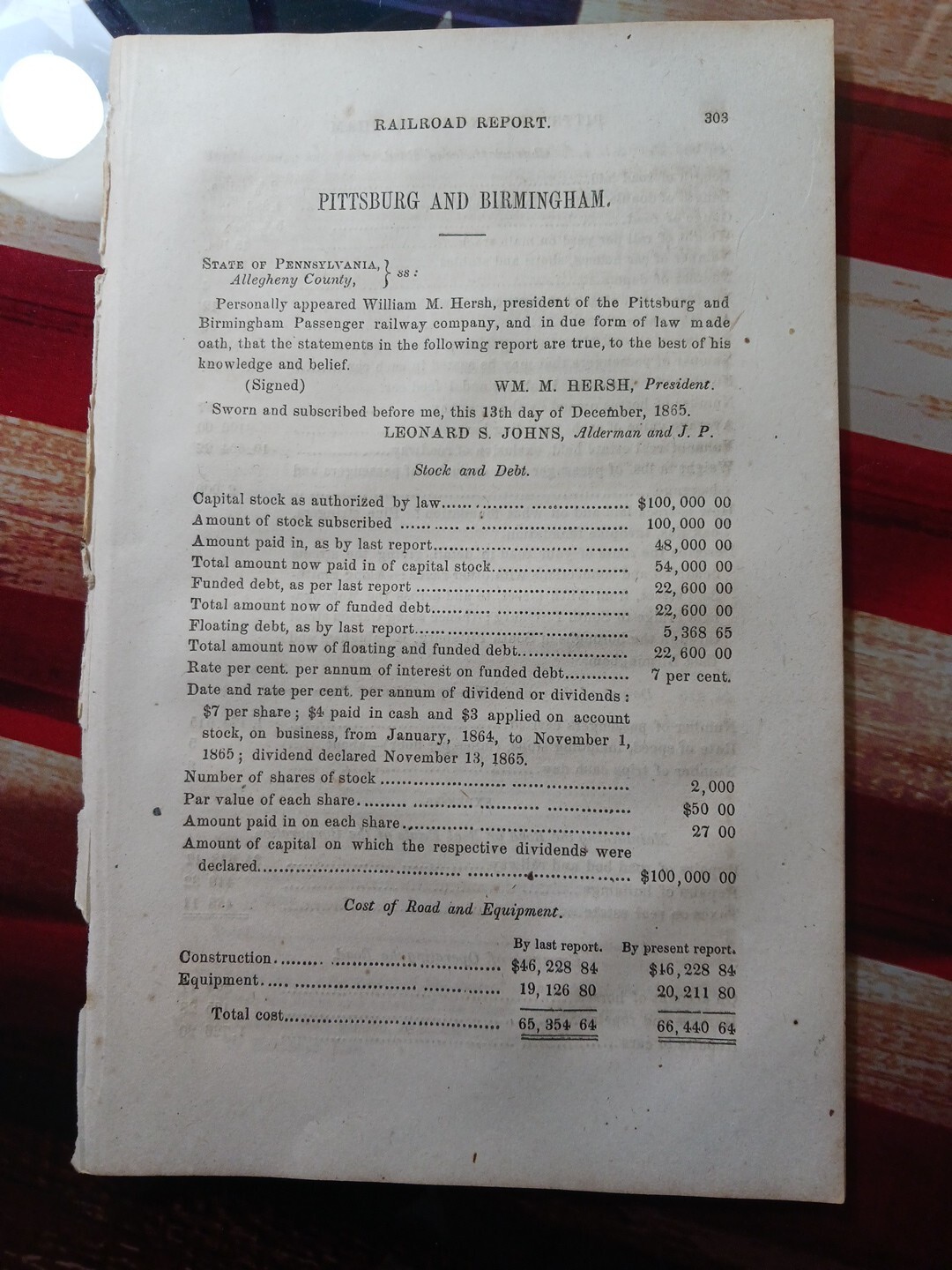 1865 Train Report PITTSBURGH & BIRMINGHAM Horse Railway Trolley Pennsylvania 