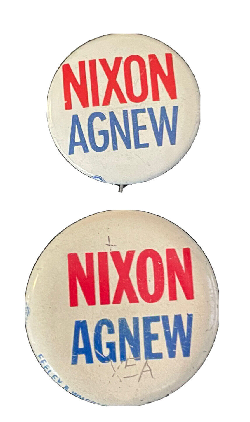  Nixon Agnew 1968 Button 36mm 29mm Feeler & Wheeler 370 N.Y.C 2 Pin Lot Official