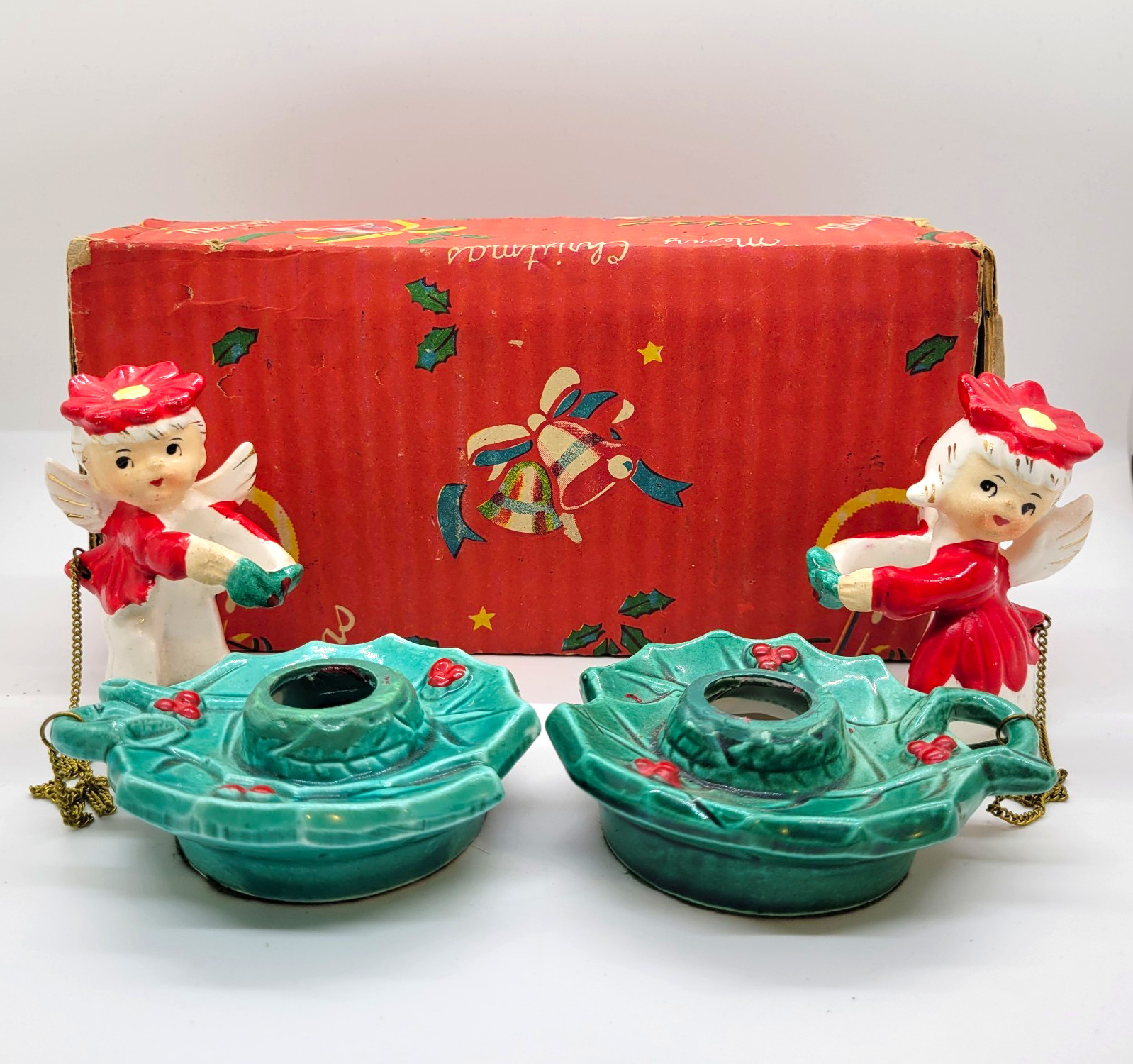 Vintage Commodore Christmas Angel Candle Huggers With Holders Poinsettia Box Vintage Commodore Christmas Angel Candle Huggers With Holders Poinsettia Box