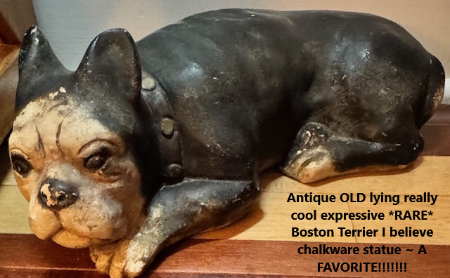 Antique OLD Lying *RARE* (A FAVORITE) LARGE ~ 13" LENGTH ~ Boston Terrier Statue Antique OLD Lying *RARE* (A FAVORITE) LARGE ~ 13" LENGTH ~ Boston Terrier Statue