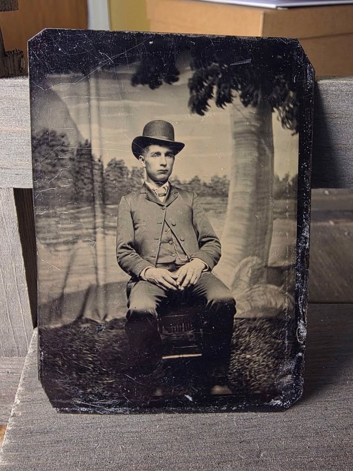Antique 1870s 1880s Tintype Photo Young Man Derby Hat Suit Watch Chain Antique 1870s 1880s Tintype Photo Young Man Derby Hat Suit Watch Chain