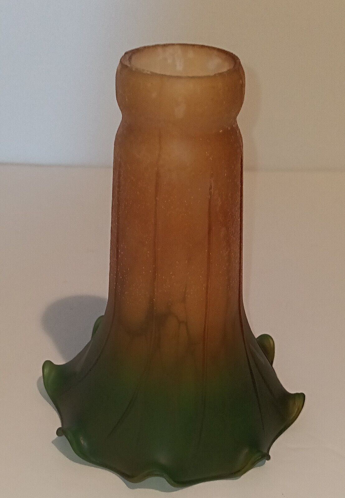One Vintage Trumpet Green Amber Yellow Lily Satin Glass Lamp Shade. Still in Box