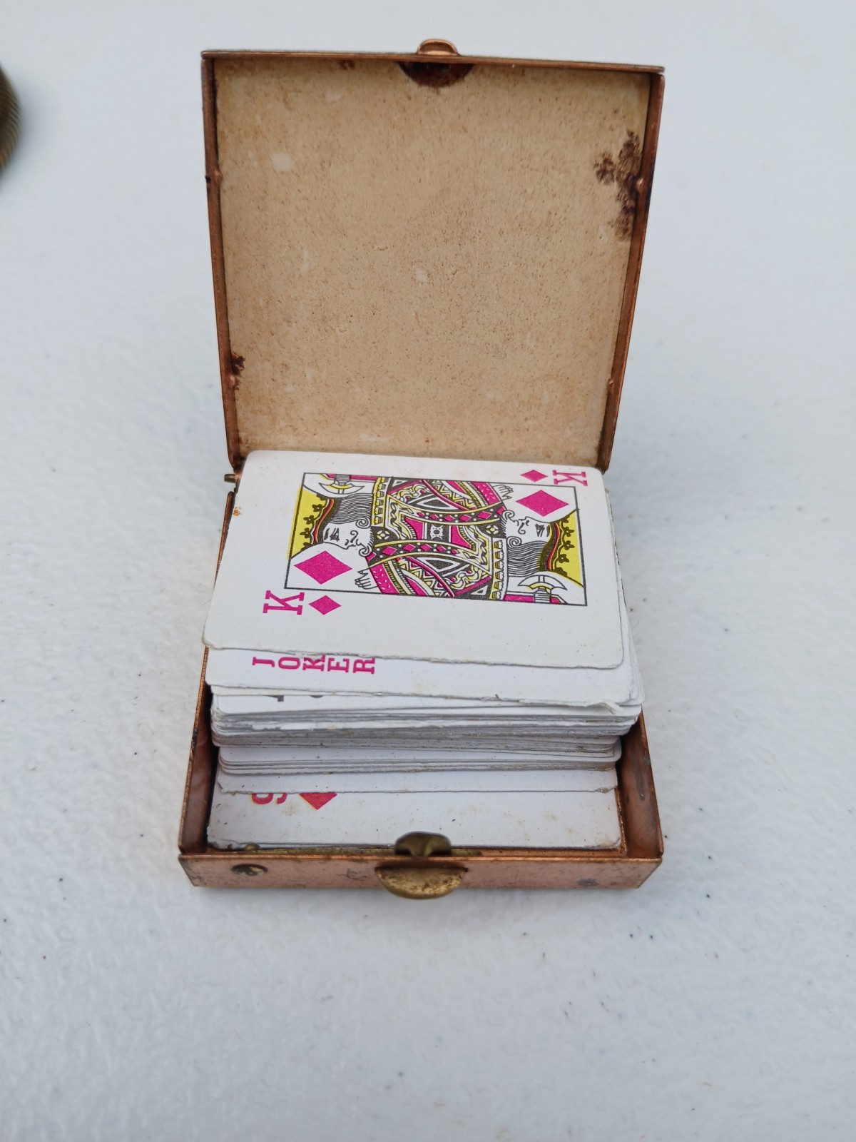 Antique Victorian Era Trinket Box Copper Mini Card Set Hand-stich Lid 3.5” RARE Antique Victorian Era Trinket Box Copper Mini Card Set Hand-stich Lid 3.5” RARE