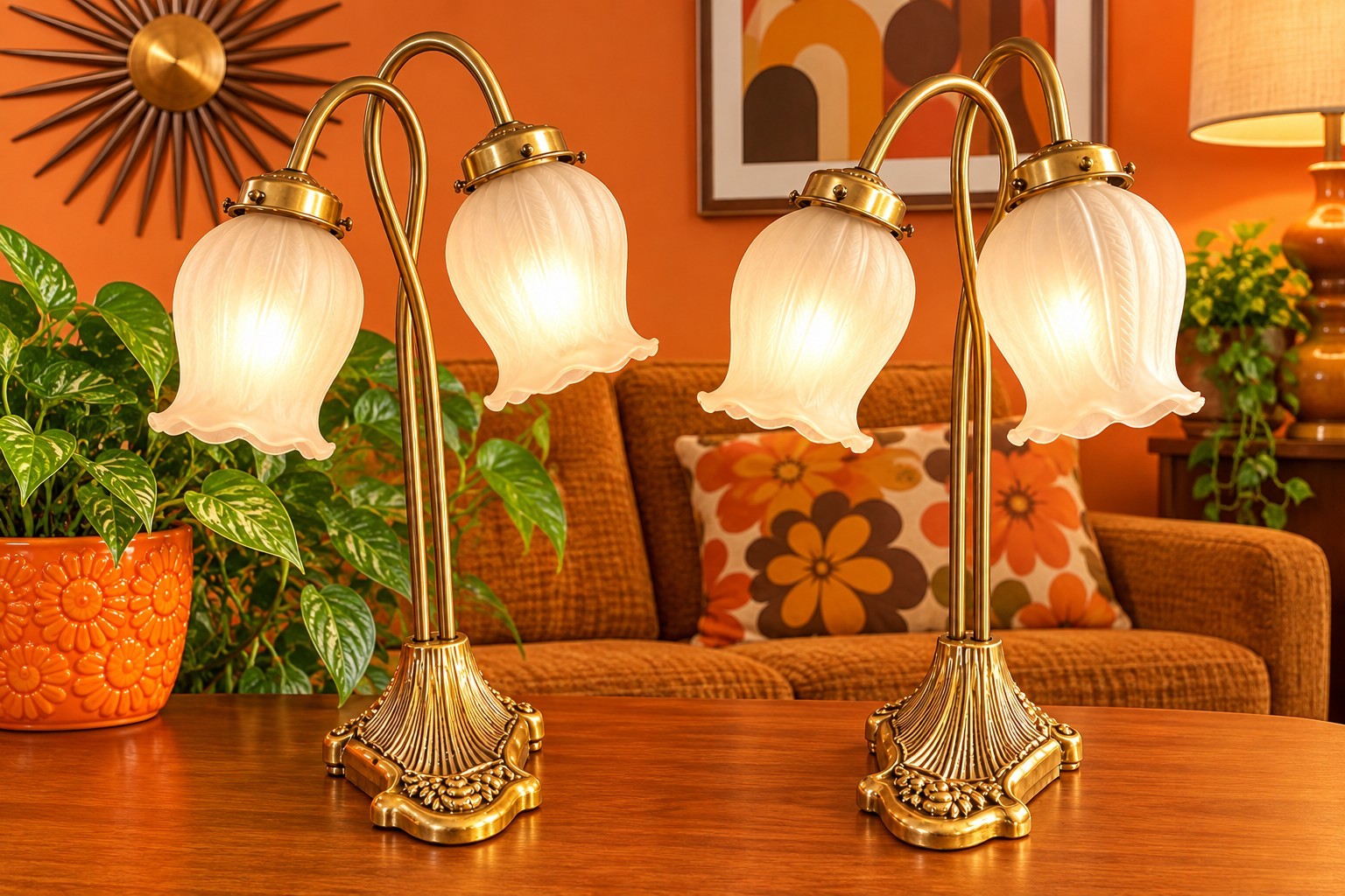 Vtg 70s Brass Tulip Lily Pad Table Lamps With Original Frosted Shades Works Pair Vtg 70s Brass Tulip Lily Pad Table Lamps With Original Frosted Shades Works Pair