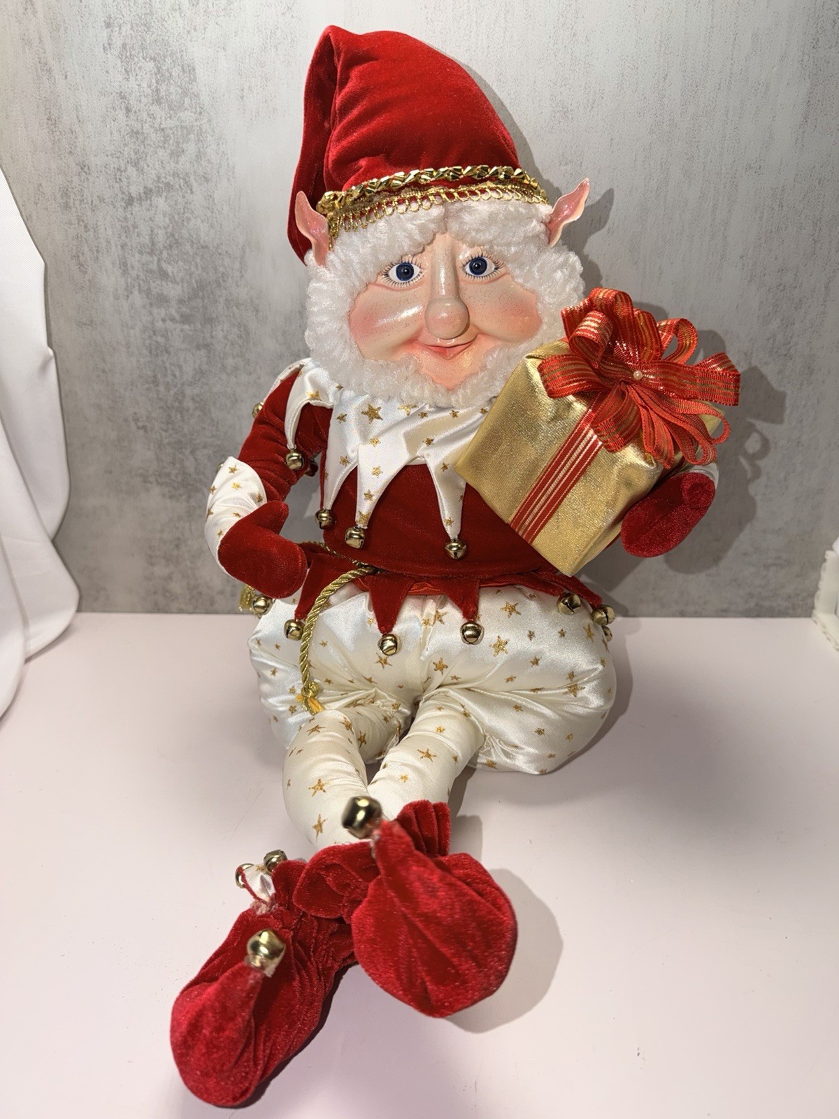 Vtg LG Christmas Elf Pixie Doll Posable Arms Legs Edge Sitter Jester Holiday 26”