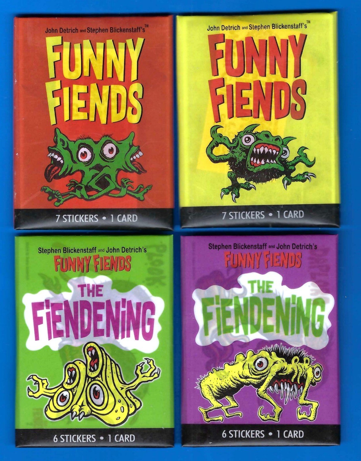 FUNNY FIENDS & THE FIENDING CARDS ALL 4 DIFFERENT WAX PACK TOPPS UGLY STICKERS FUNNY FIENDS & THE FIENDING CARDS ALL 4 DIFFERENT WAX PACK TOPPS UGLY STICKERS