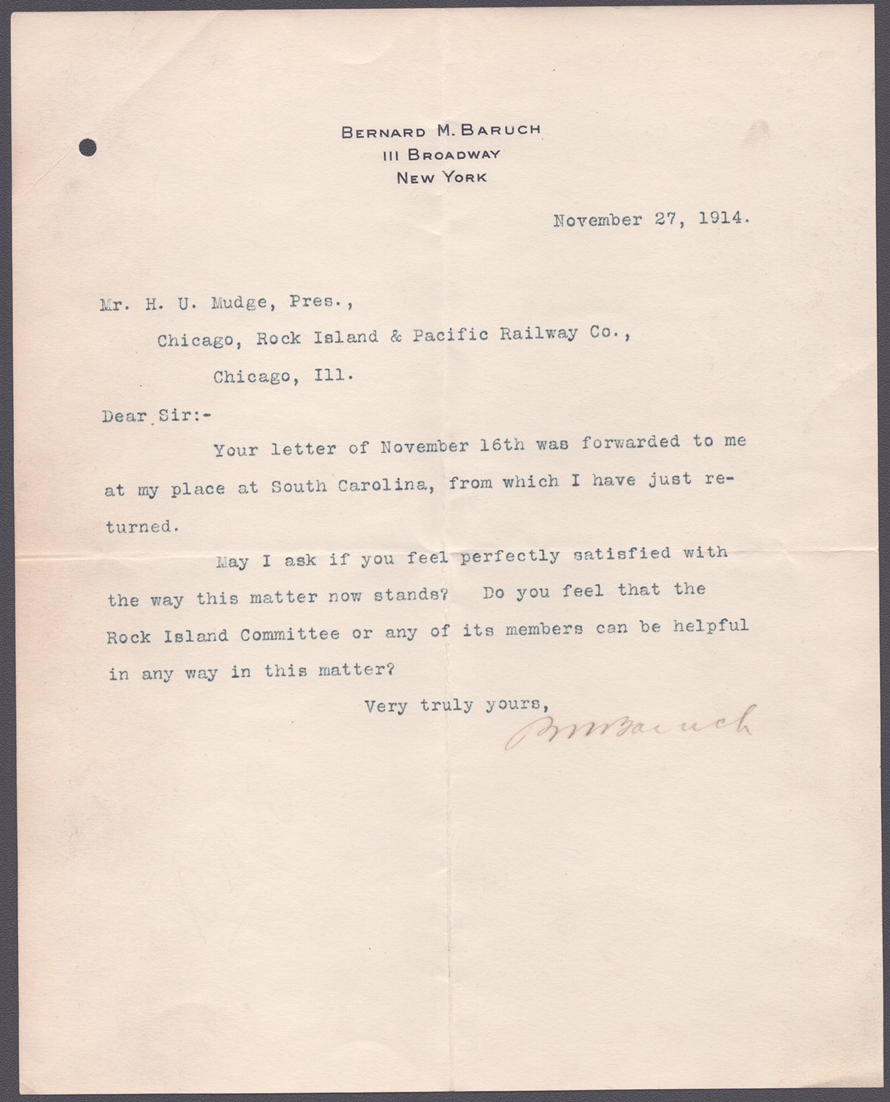 BERNARD M. BARUCH - TYPED LETTER SIGNED 11/27/1914 BERNARD M. BARUCH - TYPED LETTER SIGNED 11/27/1914