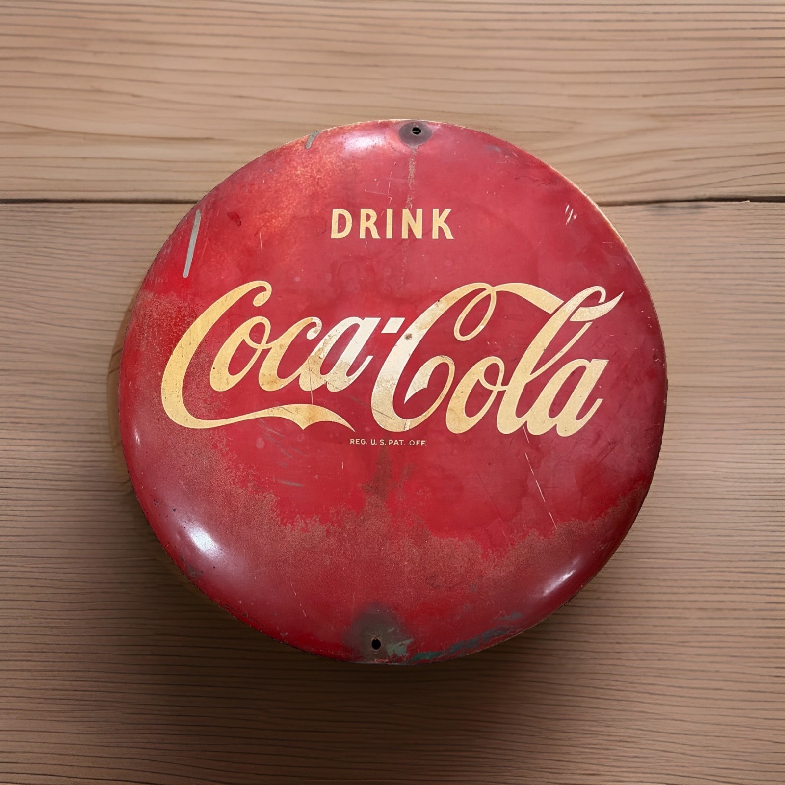 Vintage Original 1950s Coca Cola 16” Painted Metal Button Sign Drink Trade Mark