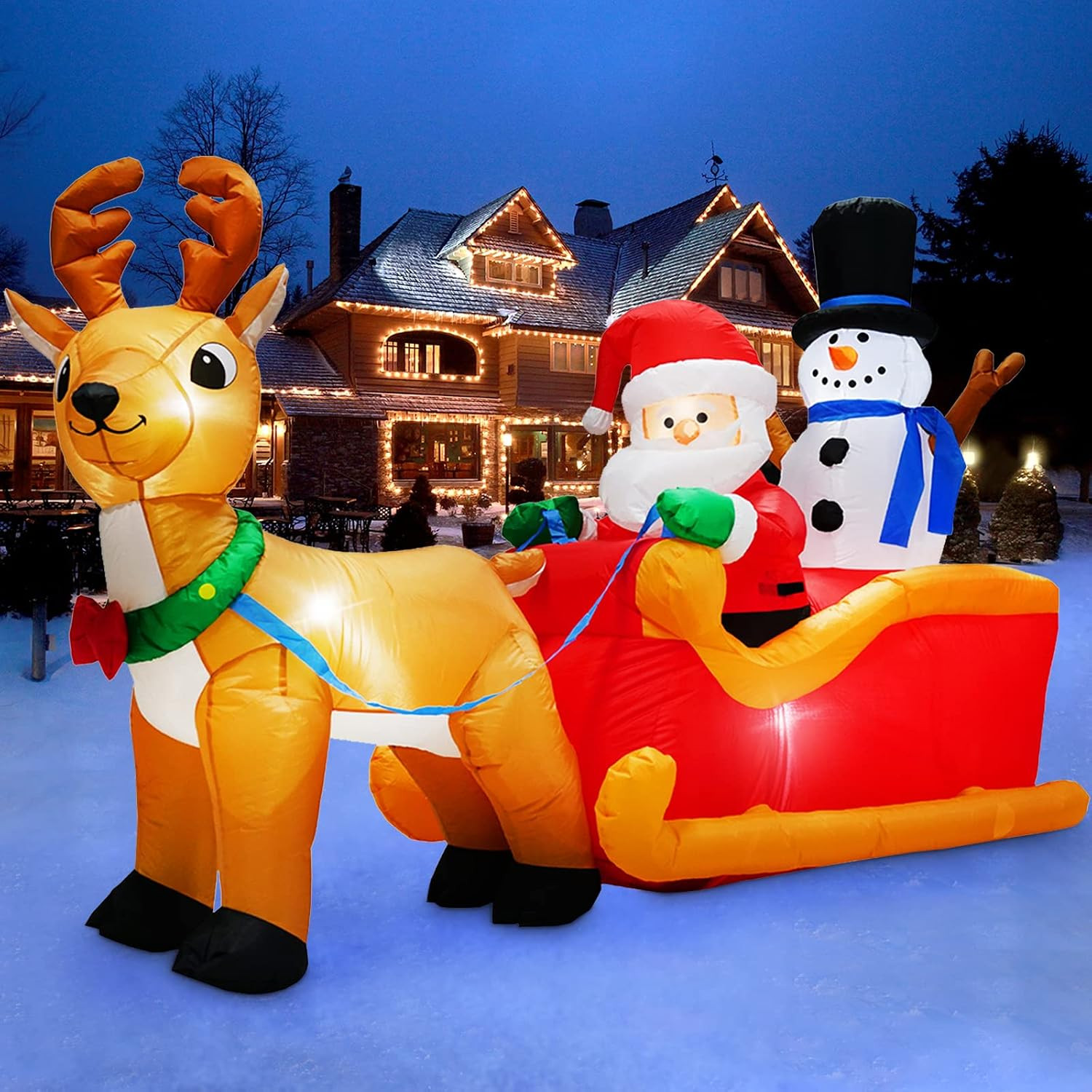 6.6 FT Christmas Inflatable Santa on Sleigh with Snowman Reindeer