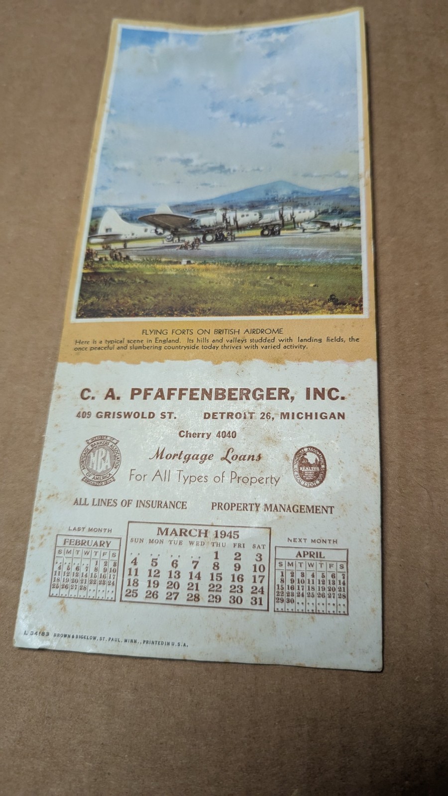 Antique 1945 C. A. Pfaffenberger Inc Detroit Michigan Insurance Flier