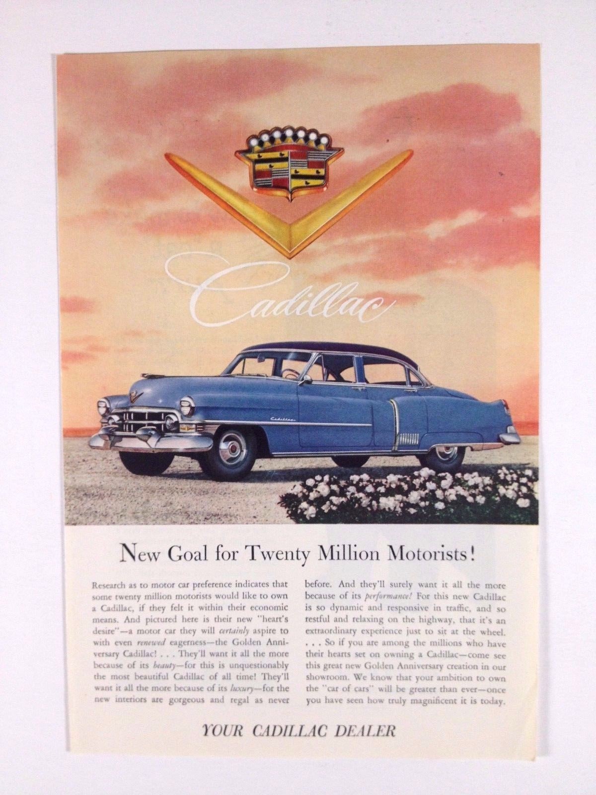 1952 Cadillac 4 Door Print Ad GM Blue New Goal For Twenty Million Motorists