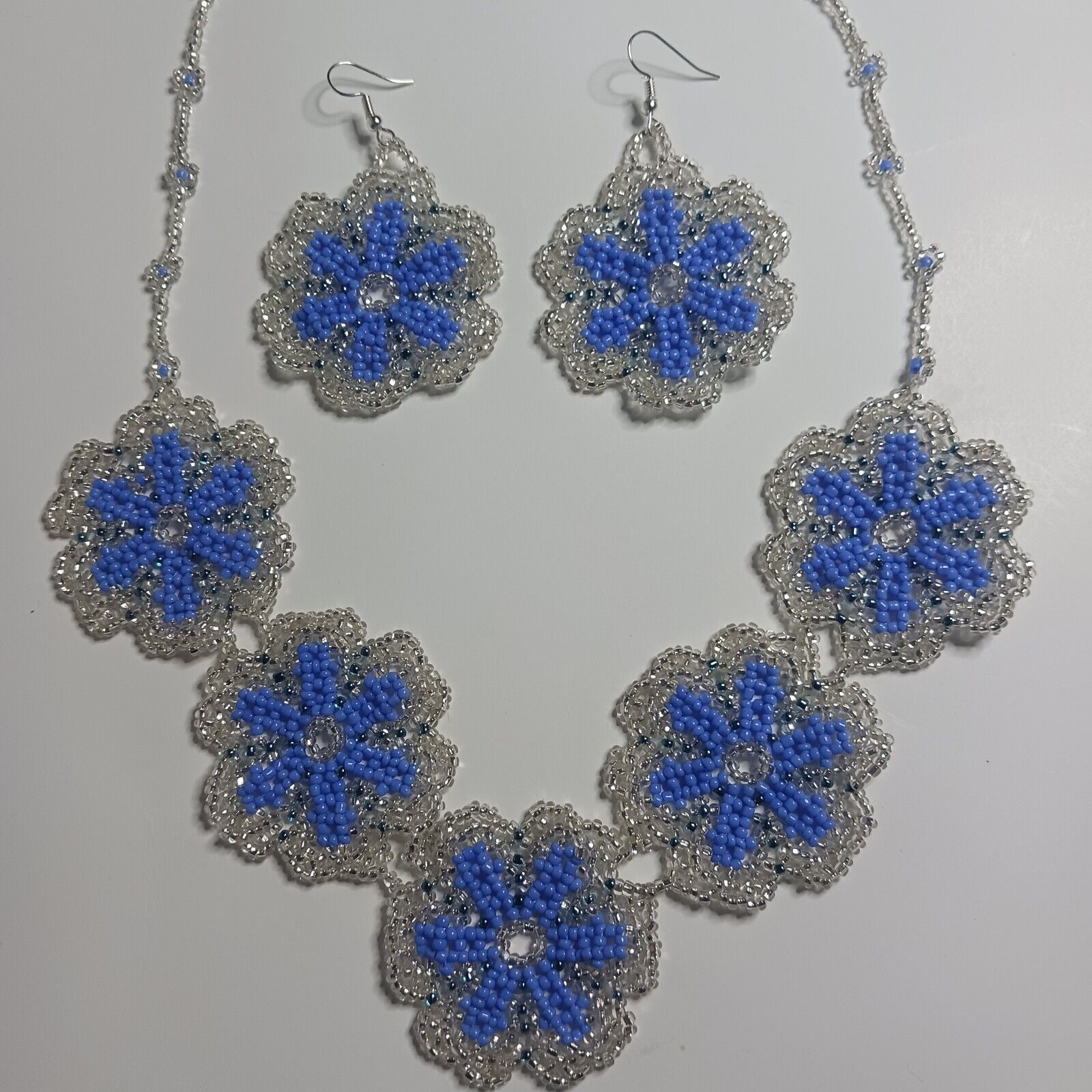 handmade mexican Nekclace Set  Earrings, Glass Seed Beads Blue 