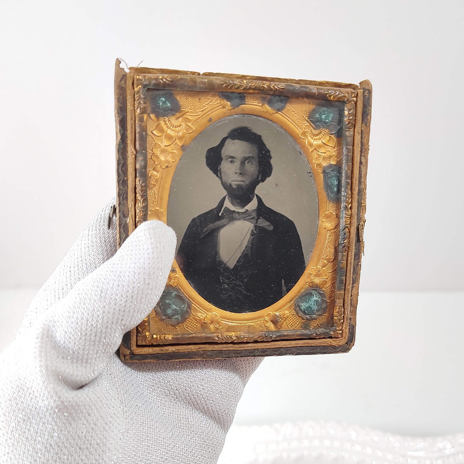 Antique Brass Cased Tintype Photo Man Beard Big Bowtie 1850s 1860s Civil War Era Antique Brass Cased Tintype Photo Man Beard Big Bowtie 1850s 1860s Civil War Era