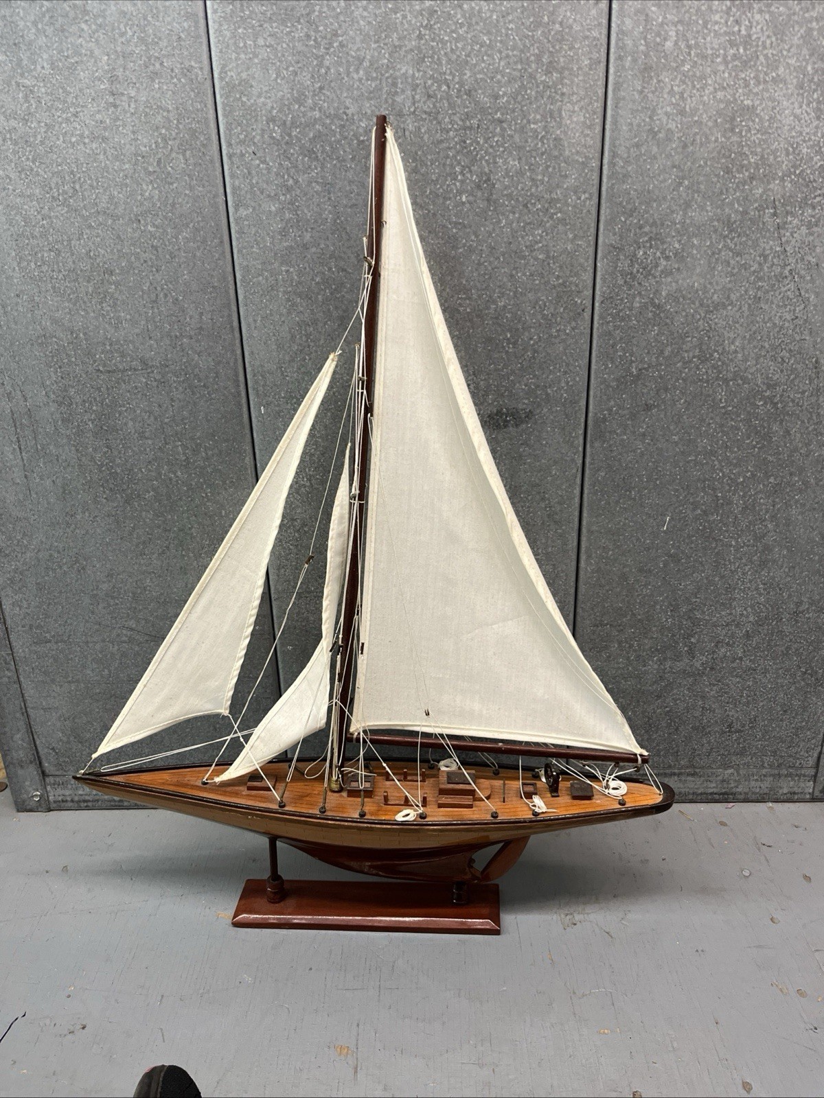 Vintage Wooden Sail Boat Model 21" L X 27" H X 4”W. Vintage Wooden Sail Boat Model 21" L X 27" H X 4”W.
