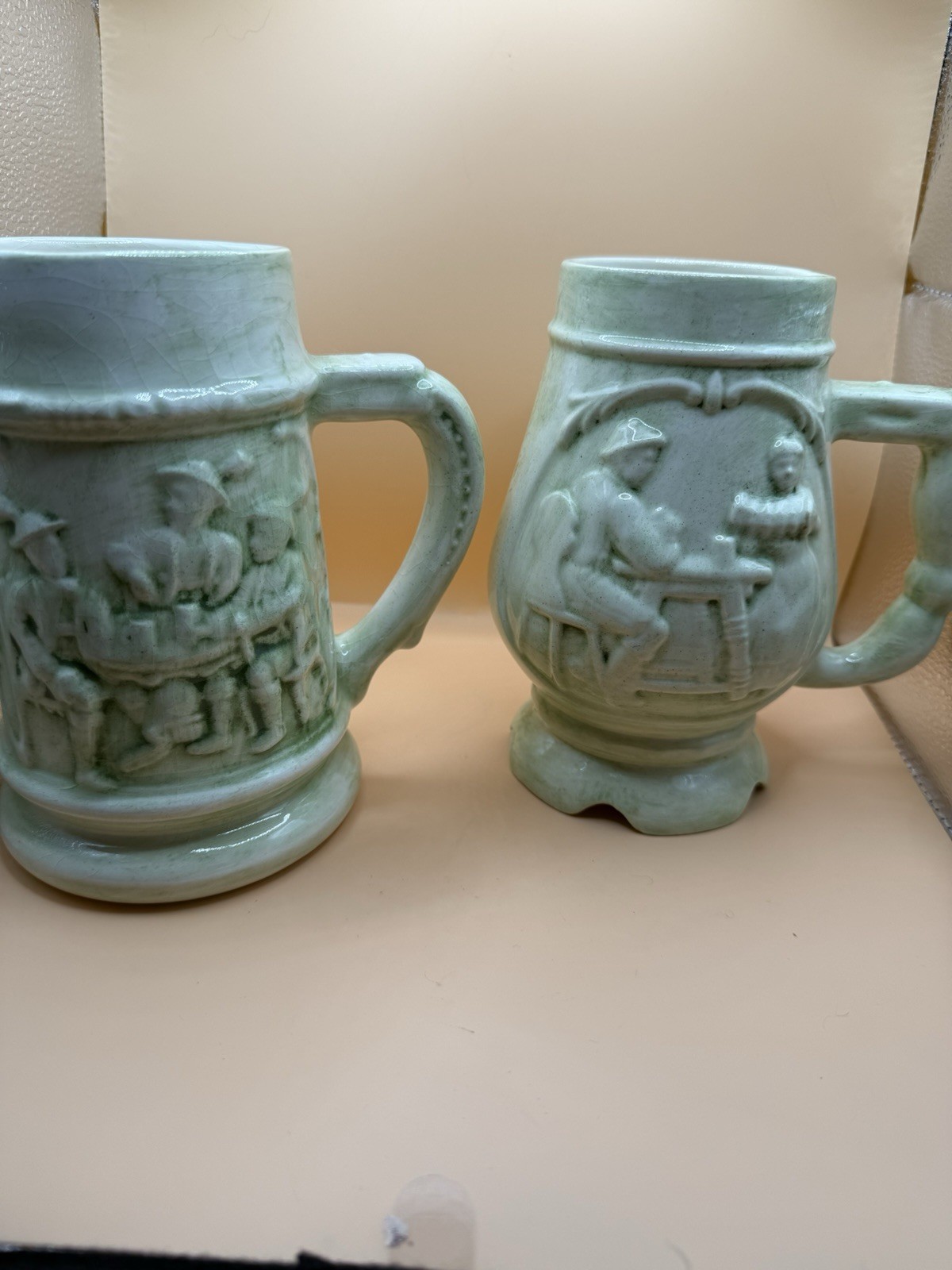 Vintage 1972 Green Glazed Pottery Beer Stein Mugs Relief Tavern Figures Lot 2 Vintage 1972 Green Glazed Pottery Beer Stein Mugs Relief Tavern Figures Lot 2