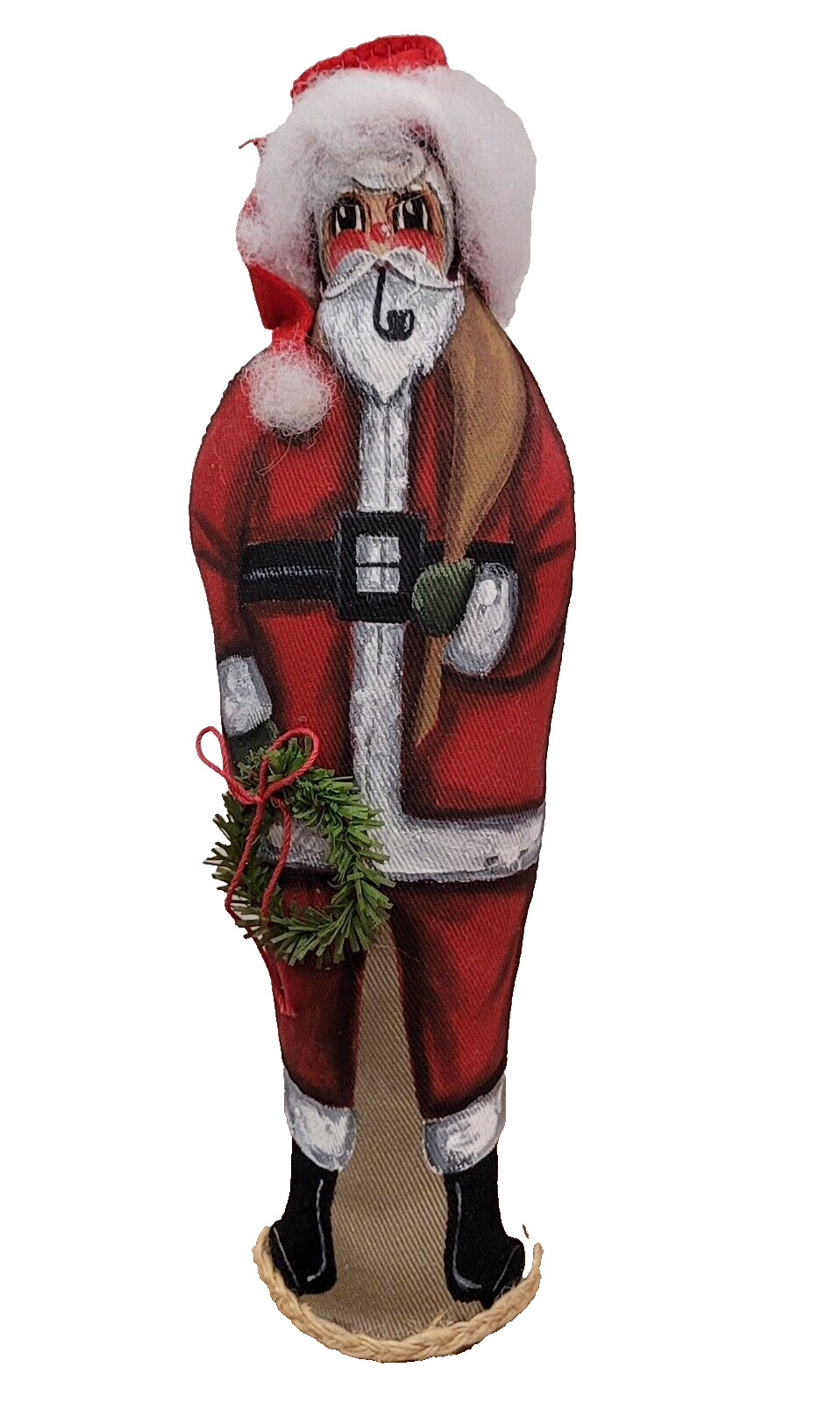 Santa By Artist Figurine Pipe Christmas Decor Hand Painted Heavy Fabric Vintage 