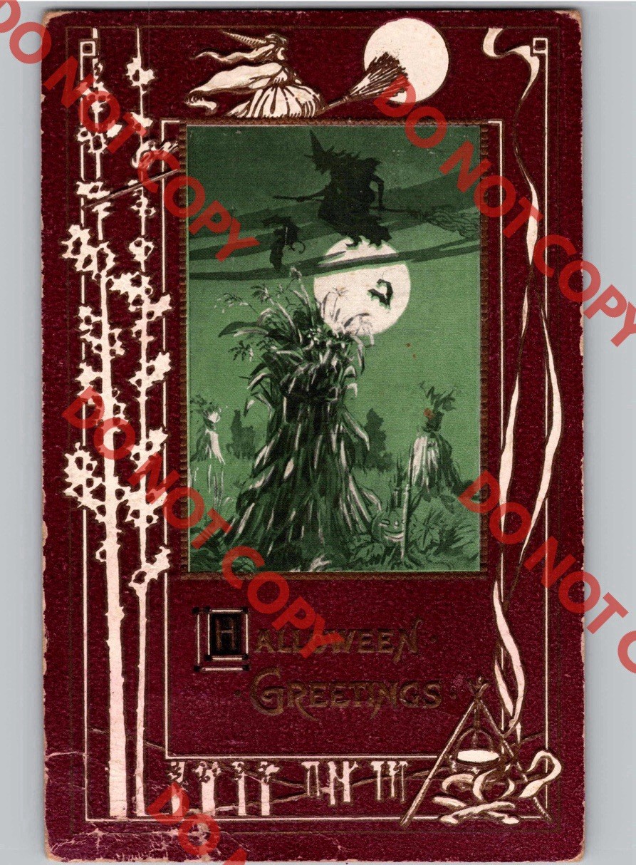c1910 Halloween Greetings Witch Full Moon TRG Rose Co Embossed Postcard c1910 Halloween Greetings Witch Full Moon TRG Rose Co Embossed Postcard