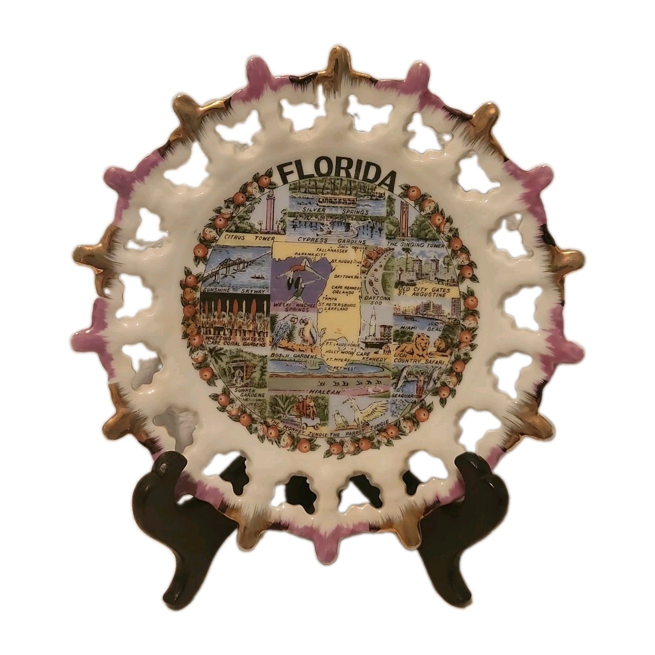 Vtg Florida Ceramic Souvenir Reticulated Plate Pink & Gold Edge 7" Tourist Areas