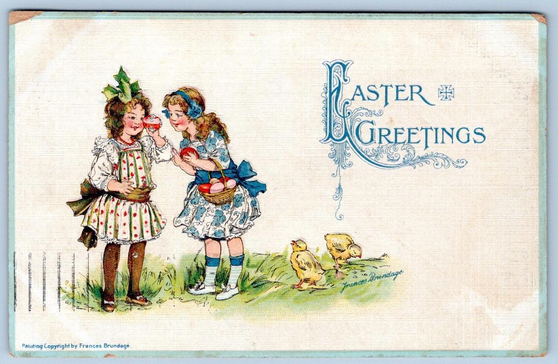 1915 EASTER GREETINGS ARTIST SIGNED FRANCES BRUNDAGE BABY CHICK GIRLS POSTCARD