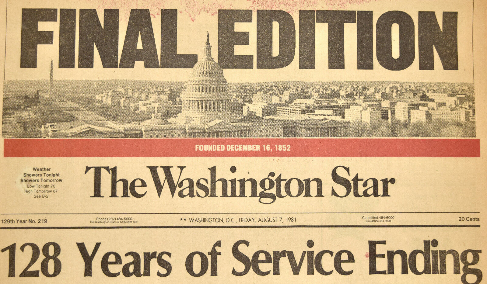 1981 The Washington Star Final Edition Washington DC Vintage Newspaper