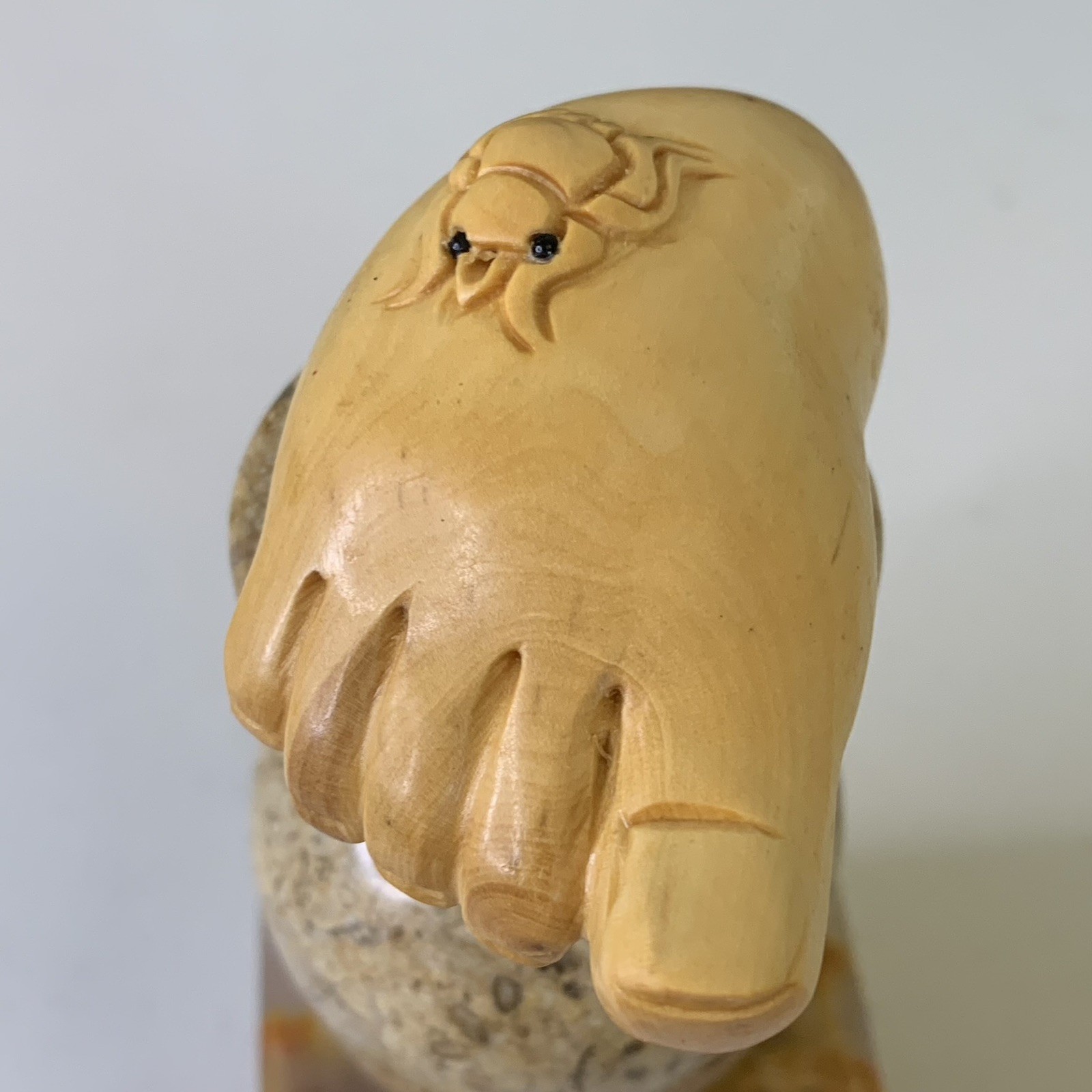 Vintage Netsuke Human Foot With Spider Carving Boxwood Hand Carved Figurine 2.5"