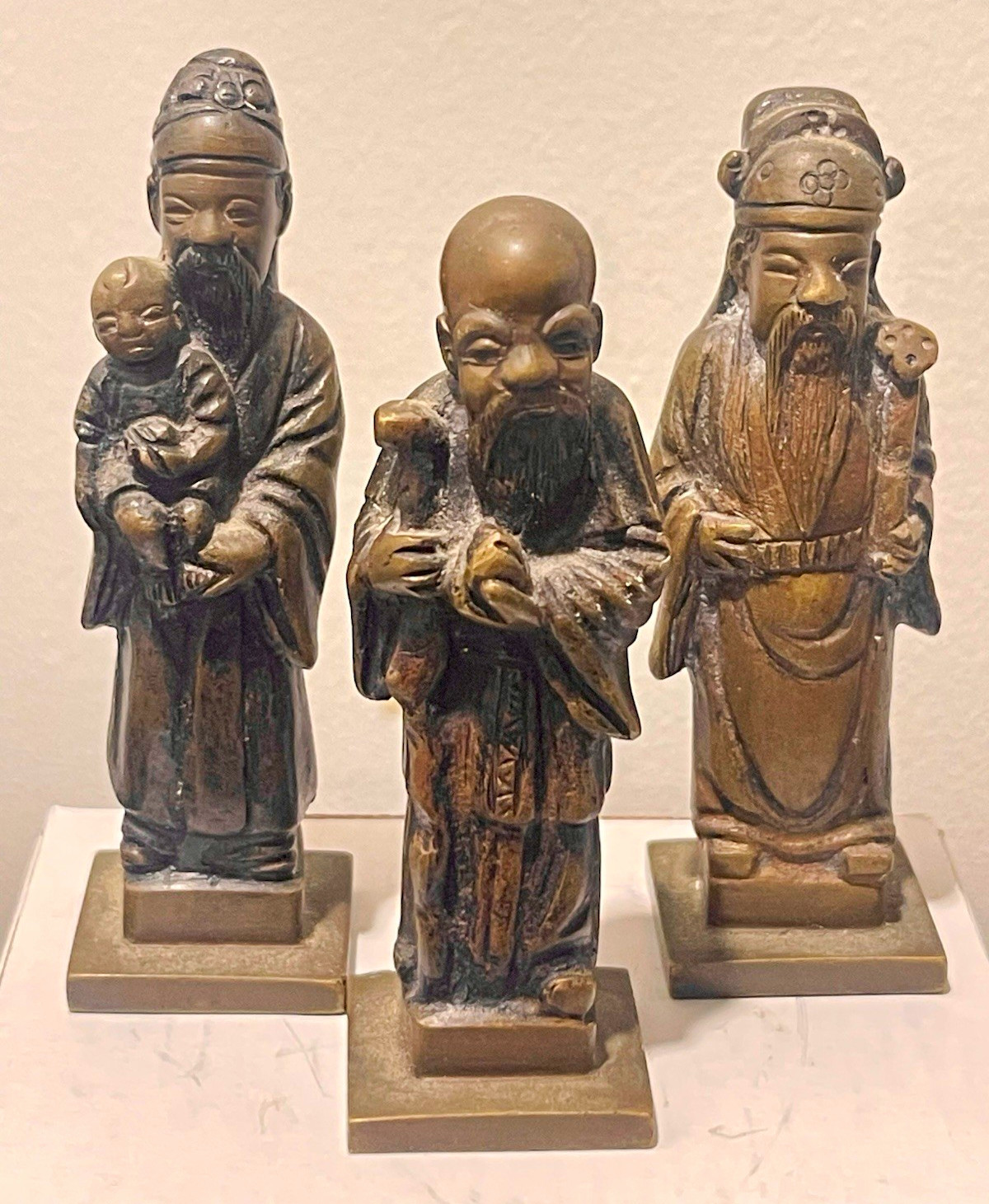 Vintage Solid Bronze Fu Lu Shou Statue Set Chinese Star Gods Sanxing 4.75" 557g Vintage Solid Bronze Fu Lu Shou Statue Set Chinese Star Gods Sanxing 4.75" 557g