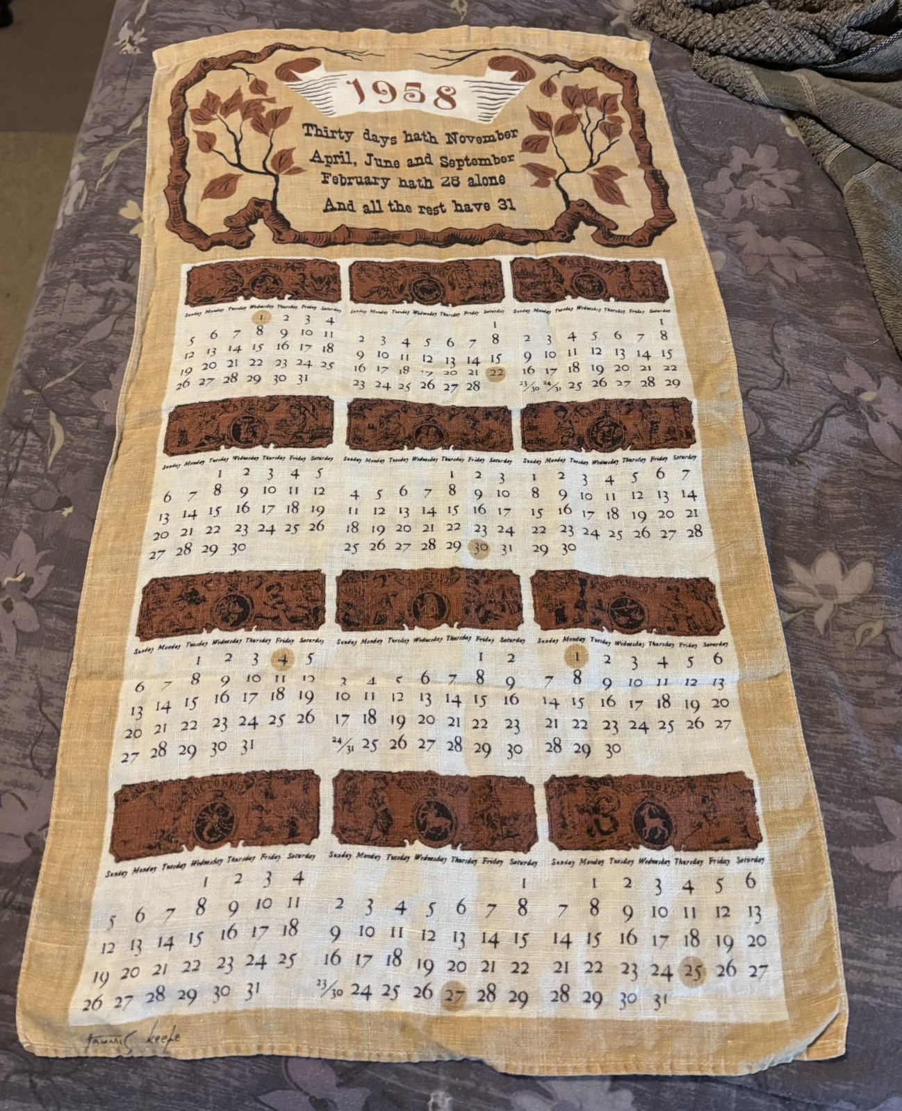 Vintage 1958 TAMMIS KEEFE Signed Linen Calendar Towel Stevens MCM Folk Art Vintage 1958 TAMMIS KEEFE Signed Linen Calendar Towel Stevens MCM Folk Art