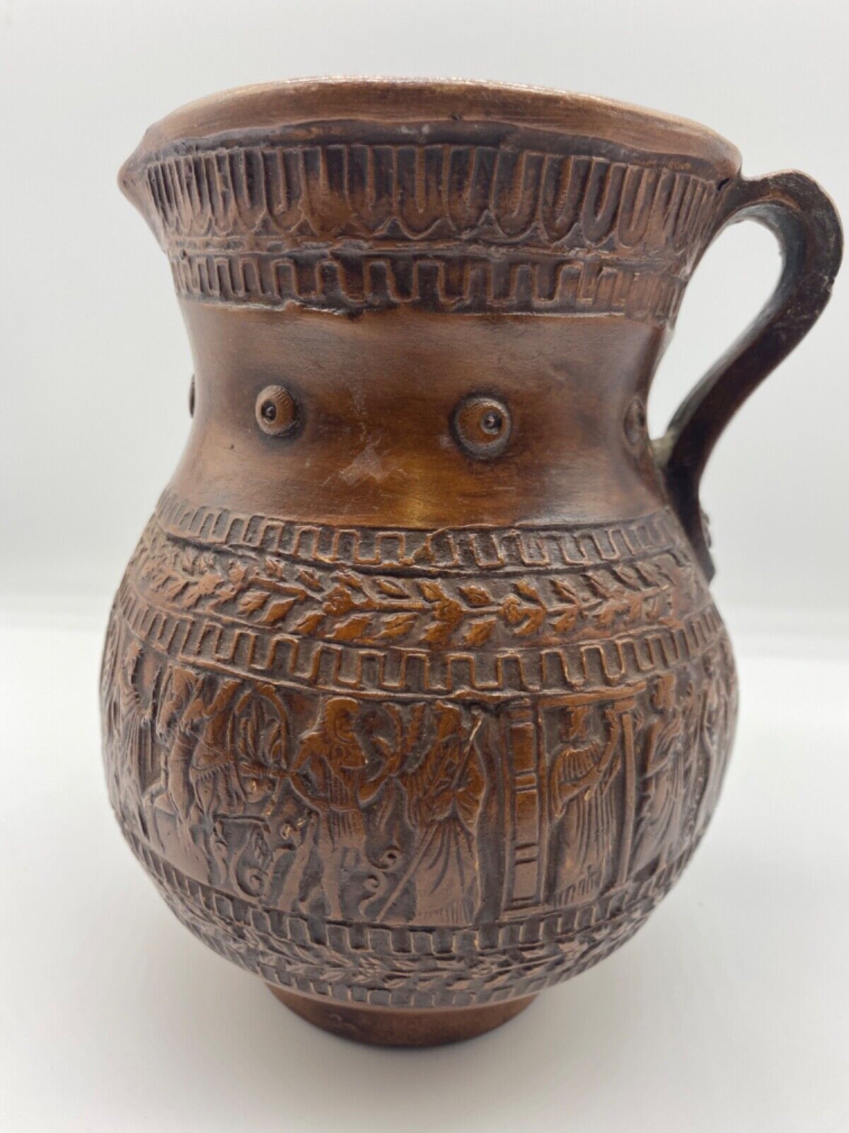 Vintage Wood Ornate Pitcher Vase Greek Gods And Goddesses Hand Carved In Greece