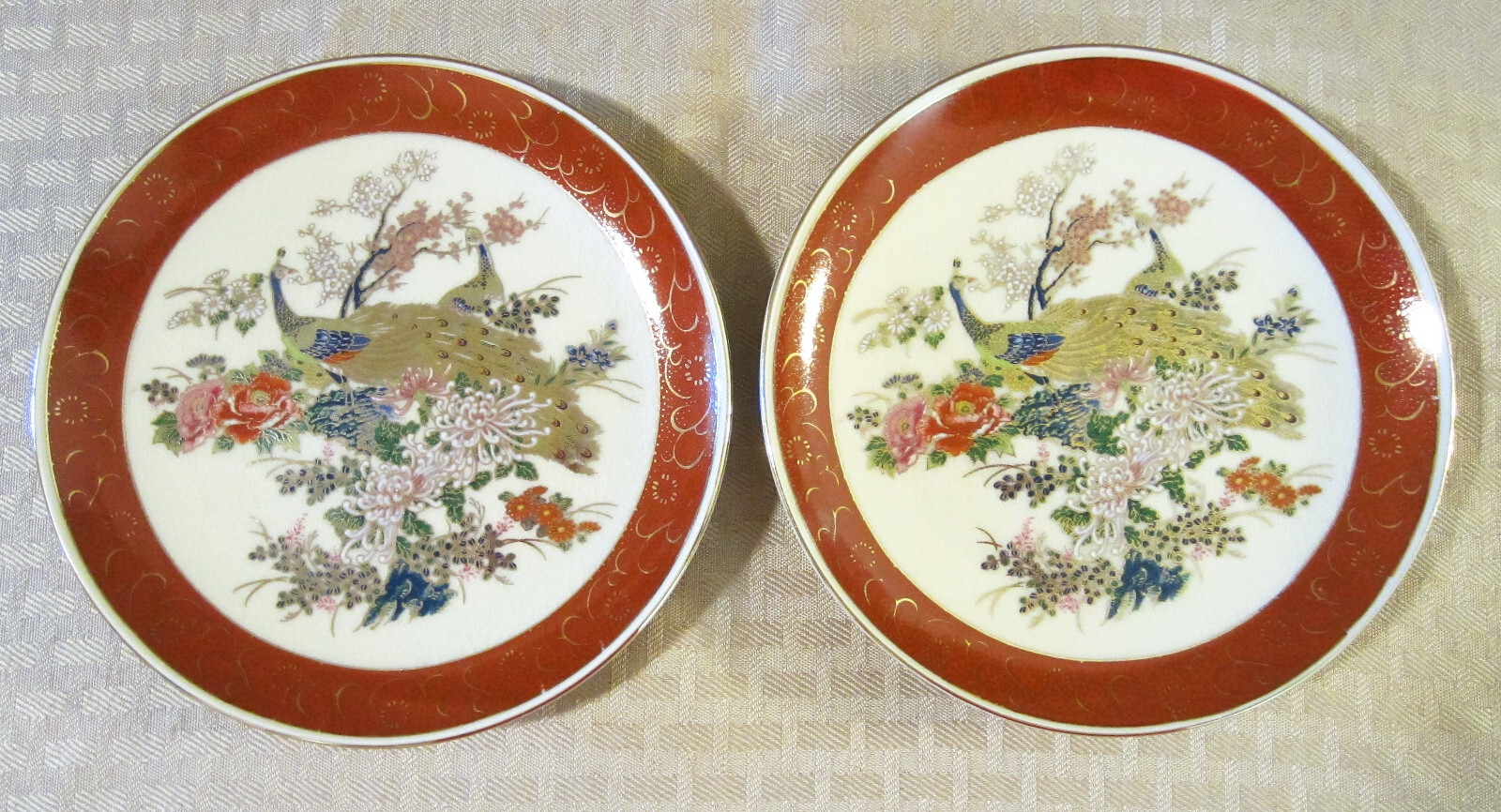 Two Vintage Crackle Glaze Satsuma 6 1/8" Golden Peacock Plates From Japan