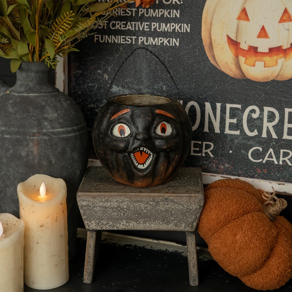 Primitive Halloween Black Ragon House Jack O Lantern Pumpkin Choir Boy Bucket 5" Primitive Halloween Black Ragon House Jack O Lantern Pumpkin Choir Boy Bucket 5"