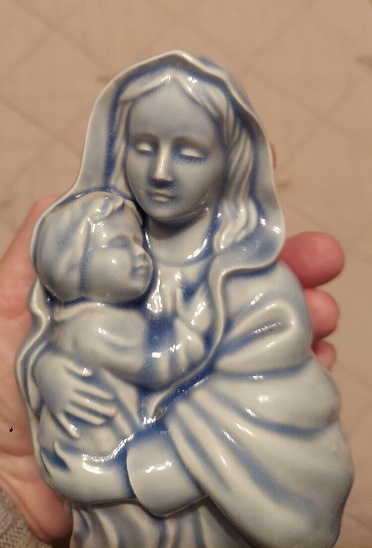 Madonna And Baby Ceramic Blue Figurine