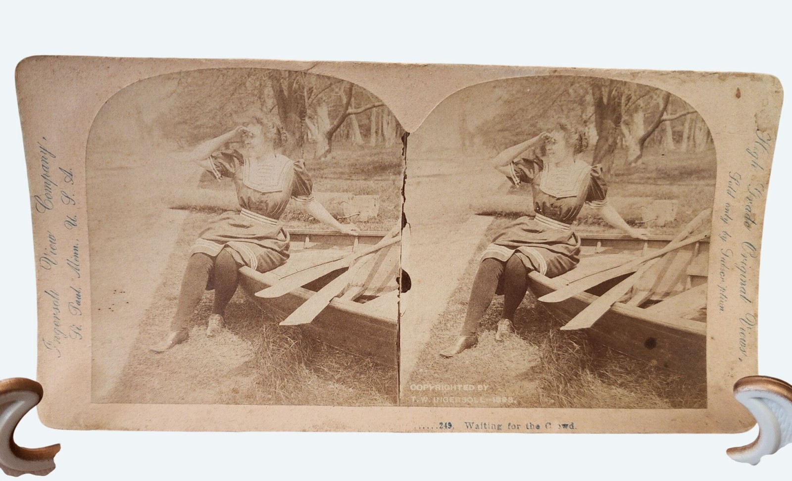 Antique 1899 T.W. Ingersoll Stereoview –"Waiting For The Crowd" Woman Rowboat Antique 1899 T.W. Ingersoll Stereoview –"Waiting For The Crowd" Woman Rowboat