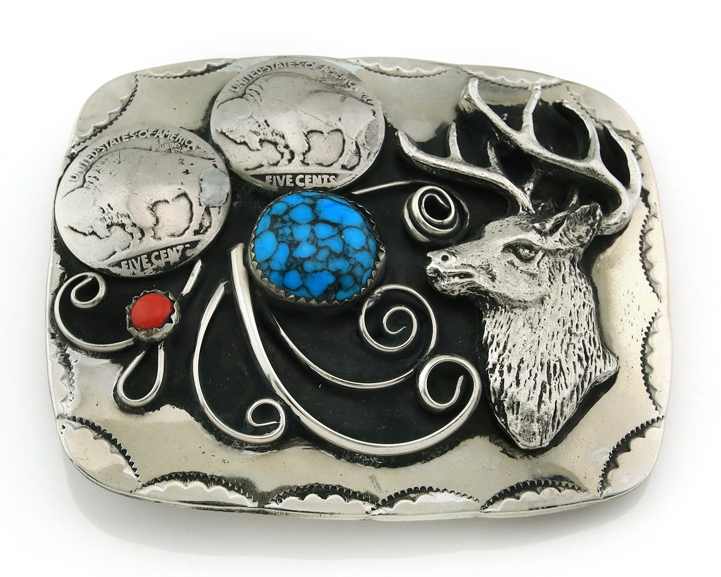 Navajo Dear Head Belt Buckle .999 Nickel Vintage Turquoise & Coral Navajo Dear Head Belt Buckle .999 Nickel Vintage Turquoise & Coral