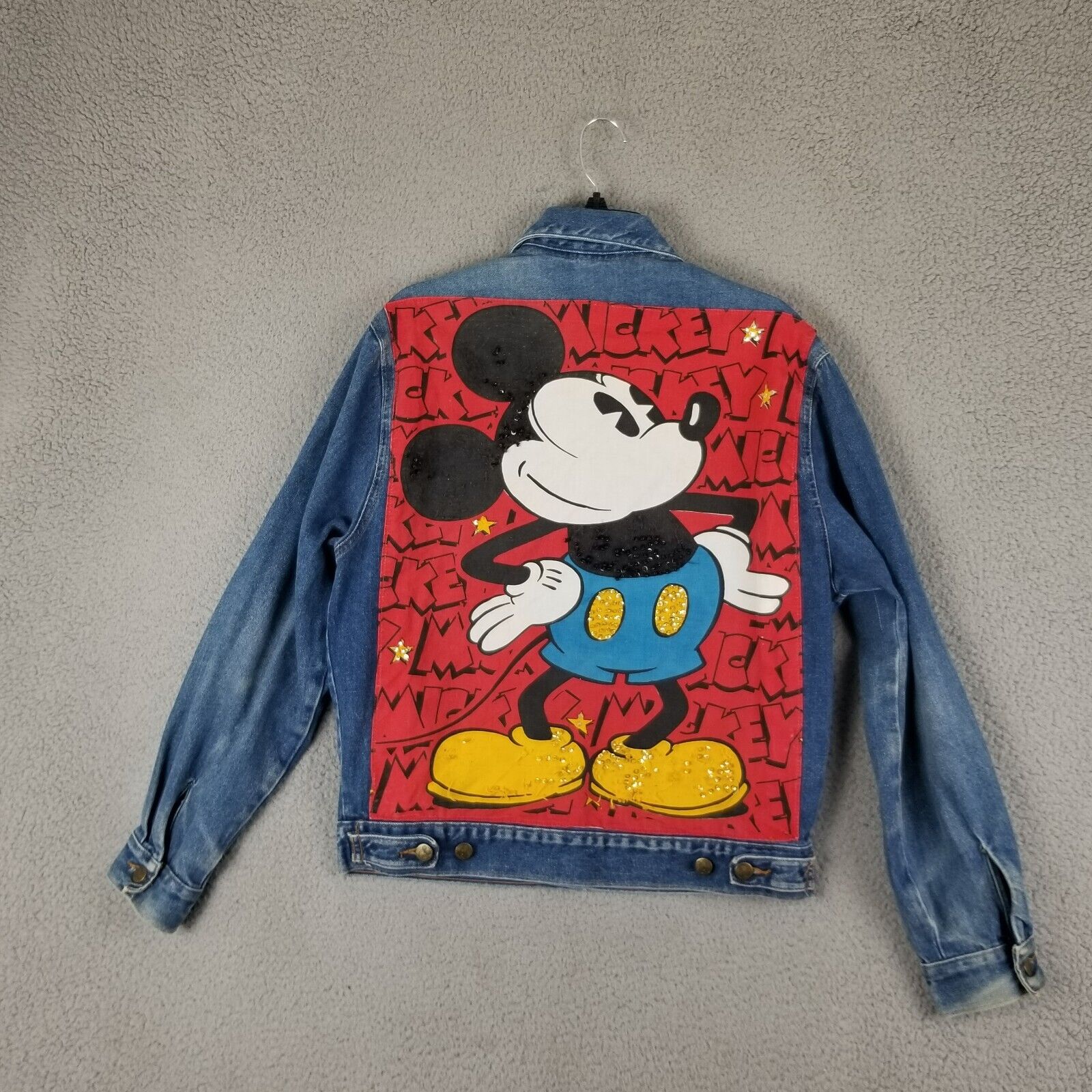 VTG Disney Mickey Mouse Denim Jean Jacket M Distressed Beads Sequins 90s Flaw
