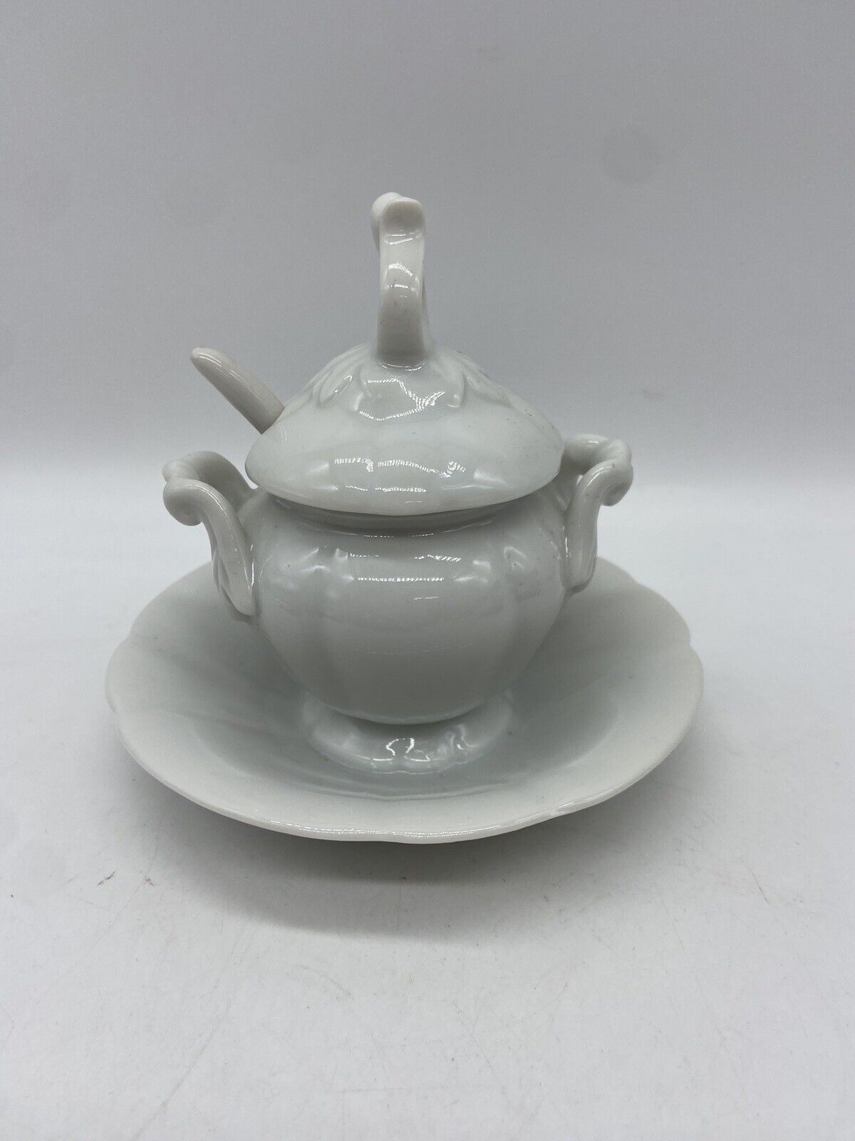 Vintage White Renaldy’s Japan Sugar Bowl W/Lid & Spoon -Attached Underplate
