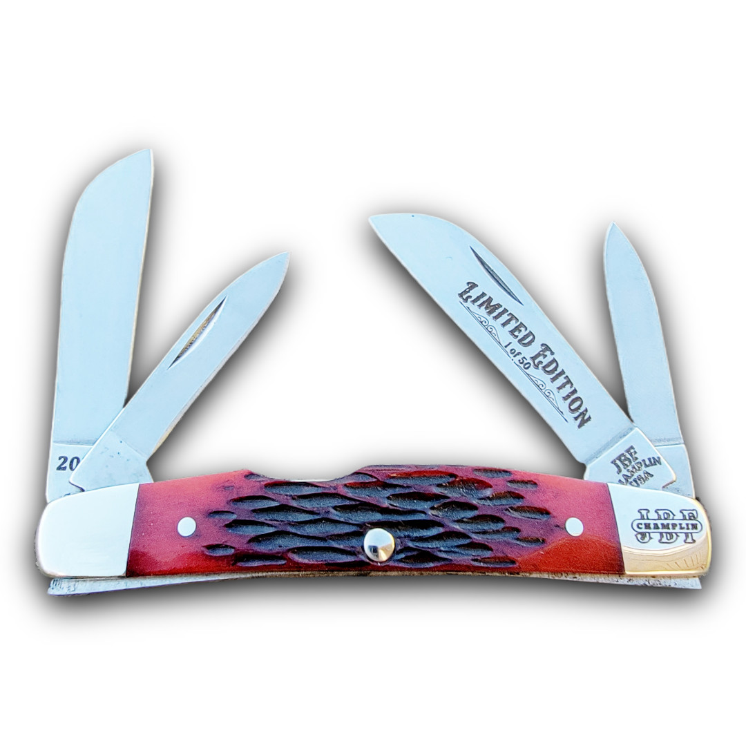 J.B.F. CHAMPLIN CUTLERY KNIVES USA 2026 CATALINA RED JIGGED BONE CONGRESS KNIFE J.B.F. CHAMPLIN CUTLERY KNIVES USA 2026 CATALINA RED JIGGED BONE CONGRESS KNIFE