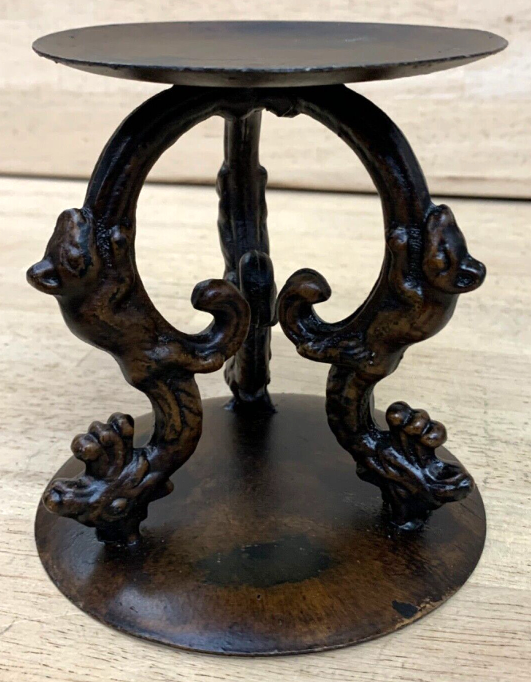 RARE DRAGON MOUSE Painted Iron Candle Holder Pillar Brown Black