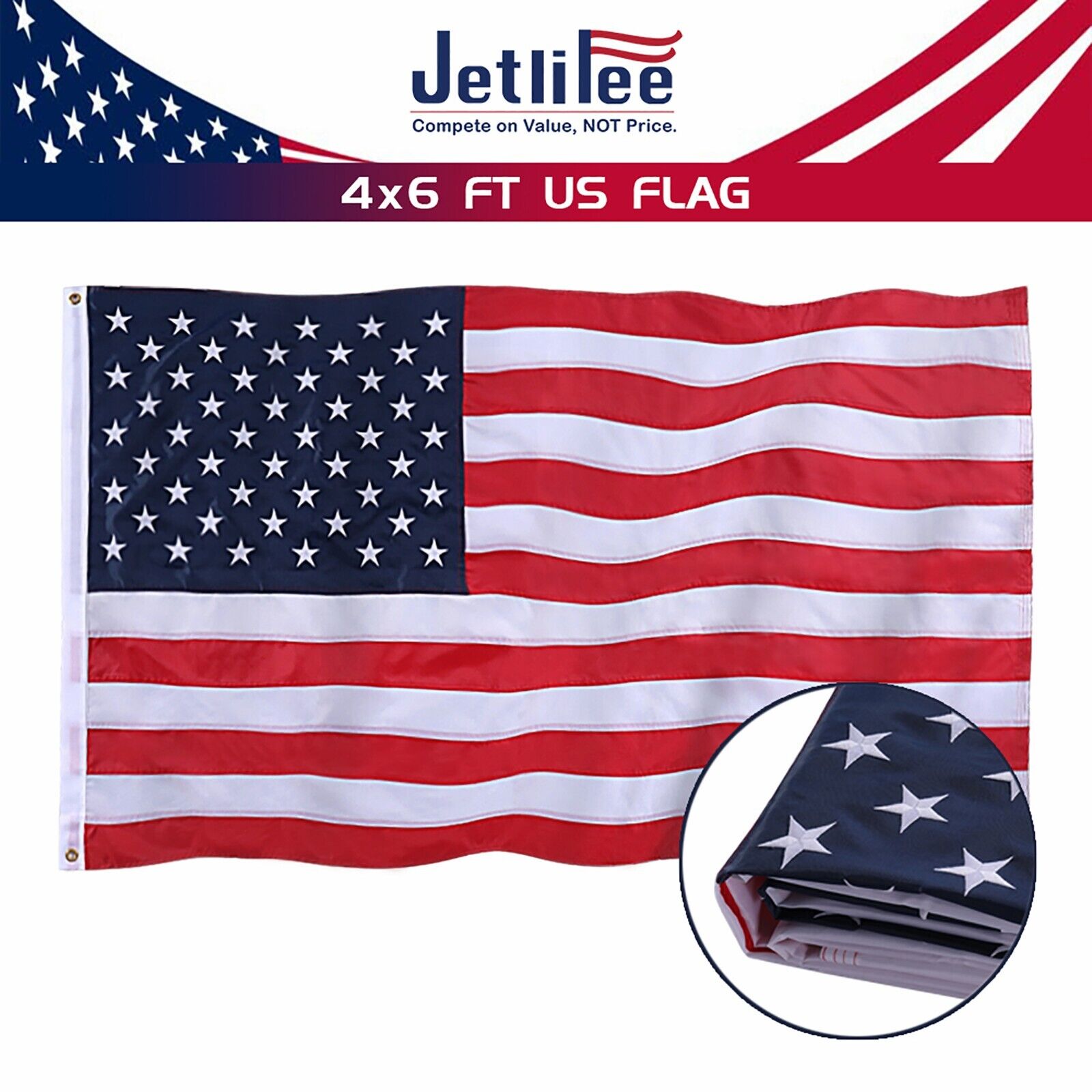 Jetlifee American Flag 4x6ft 210D UV Protected Embroidered Stars Outside US Flag