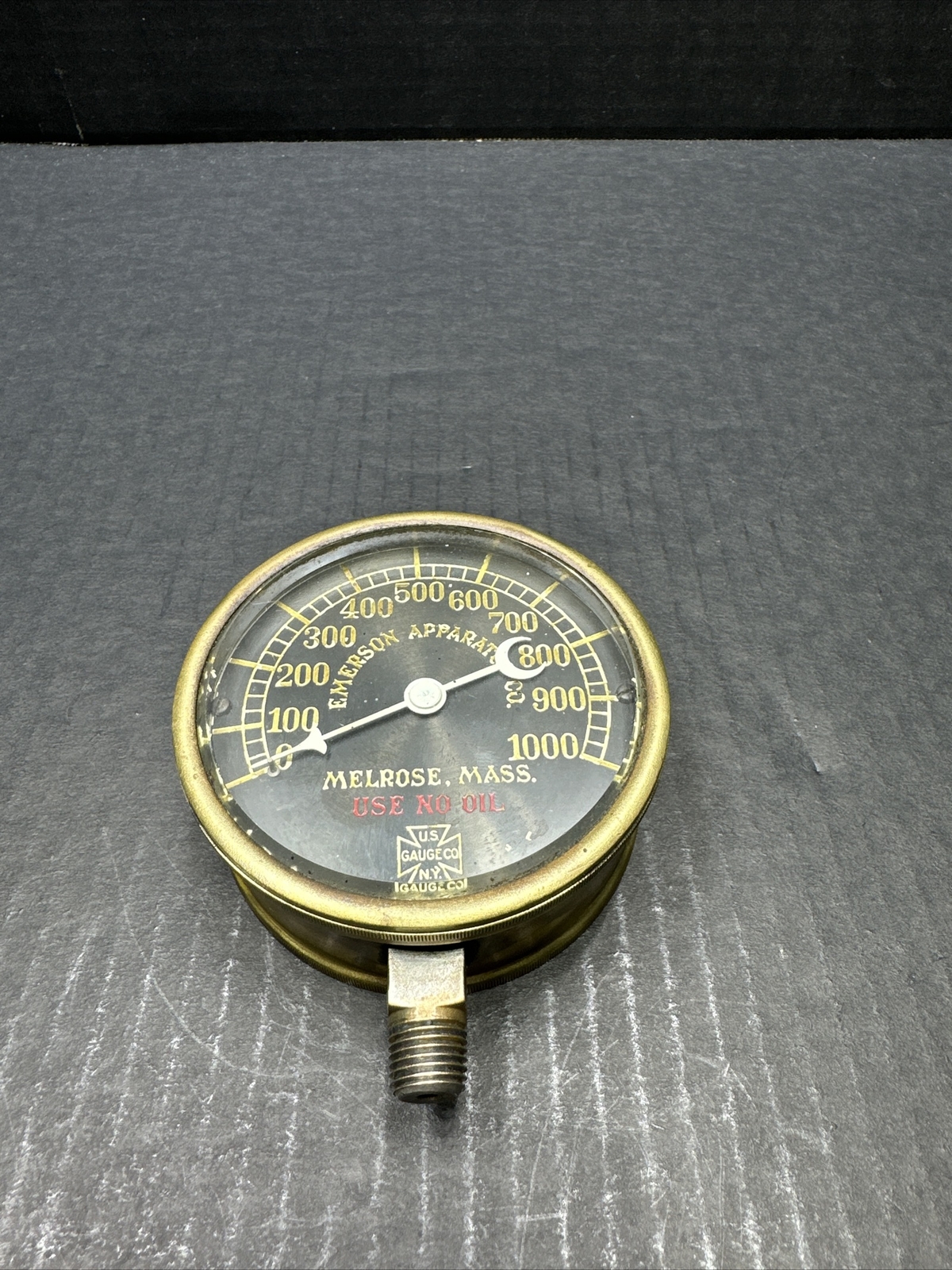 Antique Brass US Gauge Co. NY  Emerson Apparatus Co Melrose Mass USE NO OIL 1000
