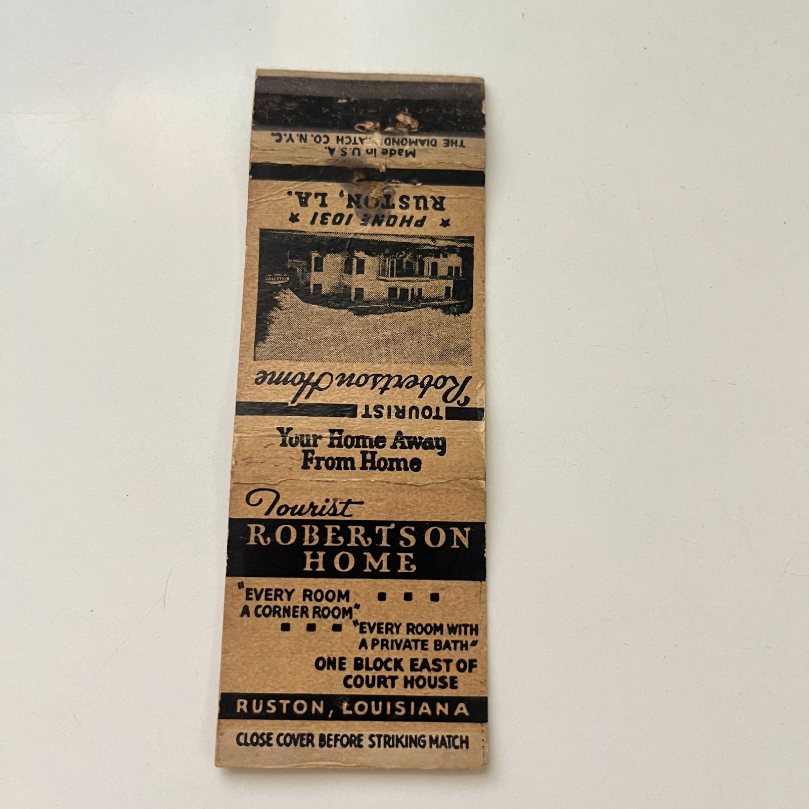 Tourist Robertson Home E Of Courthouse Ruston LA Vintage Matchbook Cover TMB88-2