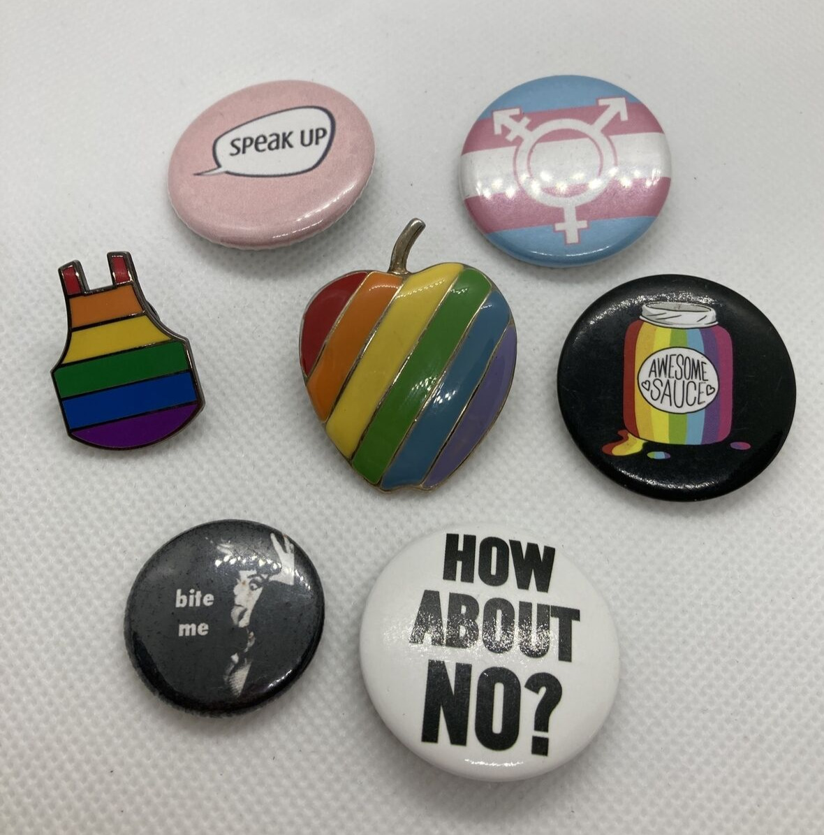Pride Rainbow LGBTQIA+ Lot of 7 Pins Buttons Apple Apron Awesome Sauce Bite Me