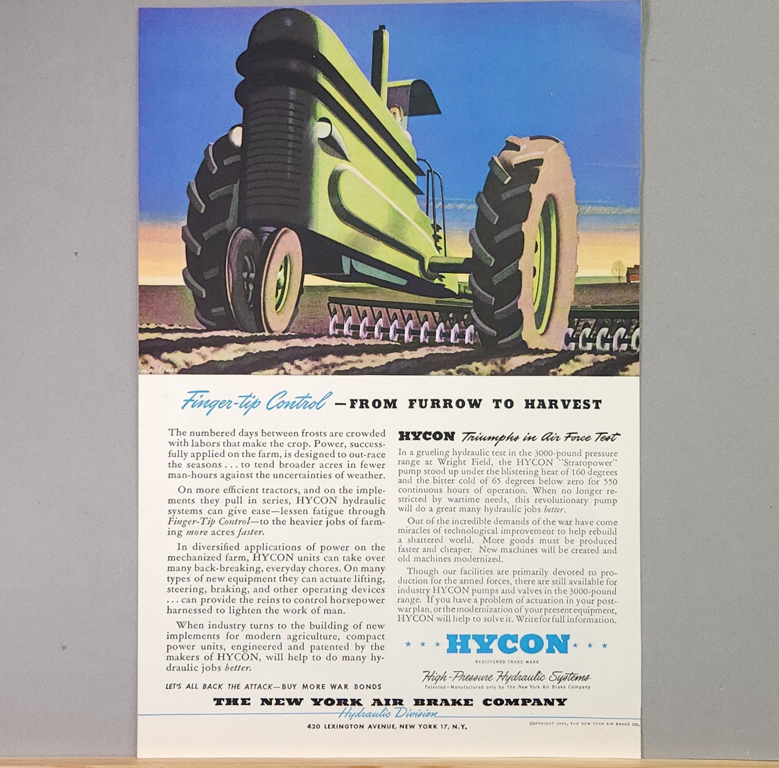 1944 HYCON Hydraulic Systems Vintage Print Ad Green Farm Tractor WWII War Bond 1944 HYCON Hydraulic Systems Vintage Print Ad Green Farm Tractor WWII War Bond