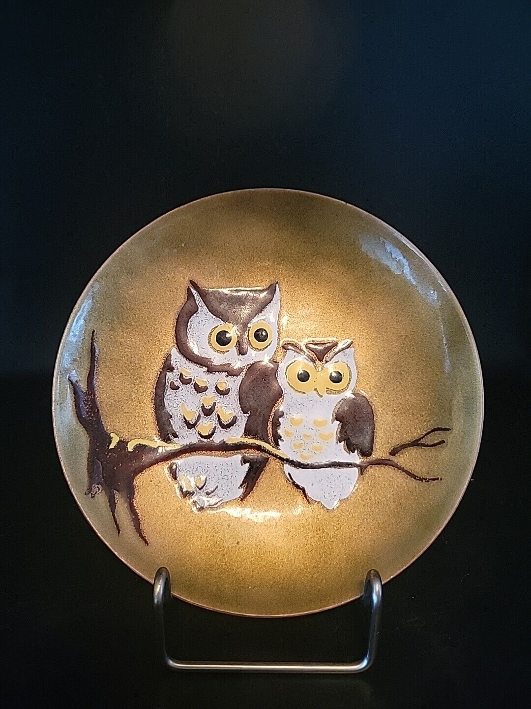Vintage Enamel On Copper Plate (Two Owls)