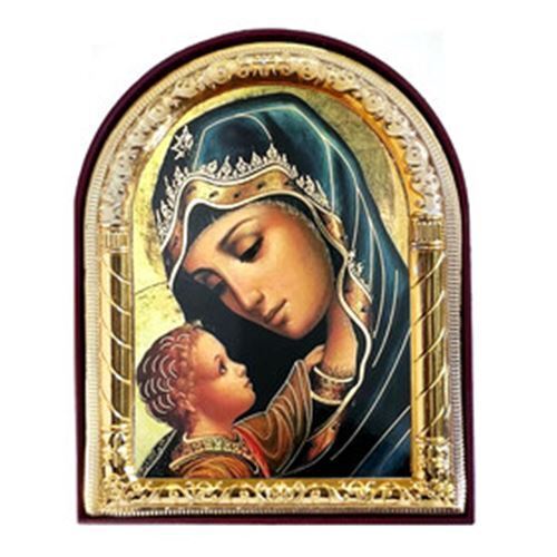 Madonna and Child Icon In Blue - Gold Foil - Arched Icon 4 1/16 