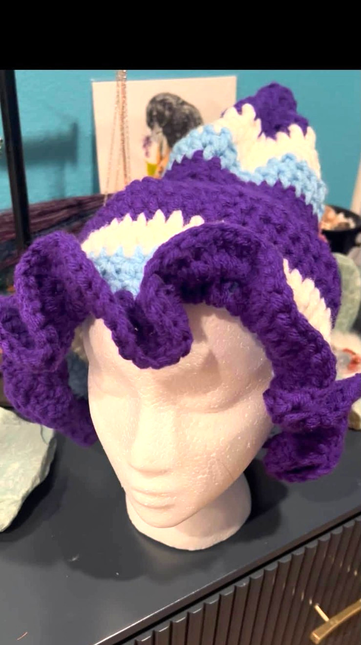 Hand Crochet Witch Made Purple White Blue  Witch Bruja Pagan Hat SIZE XLG Hat h4