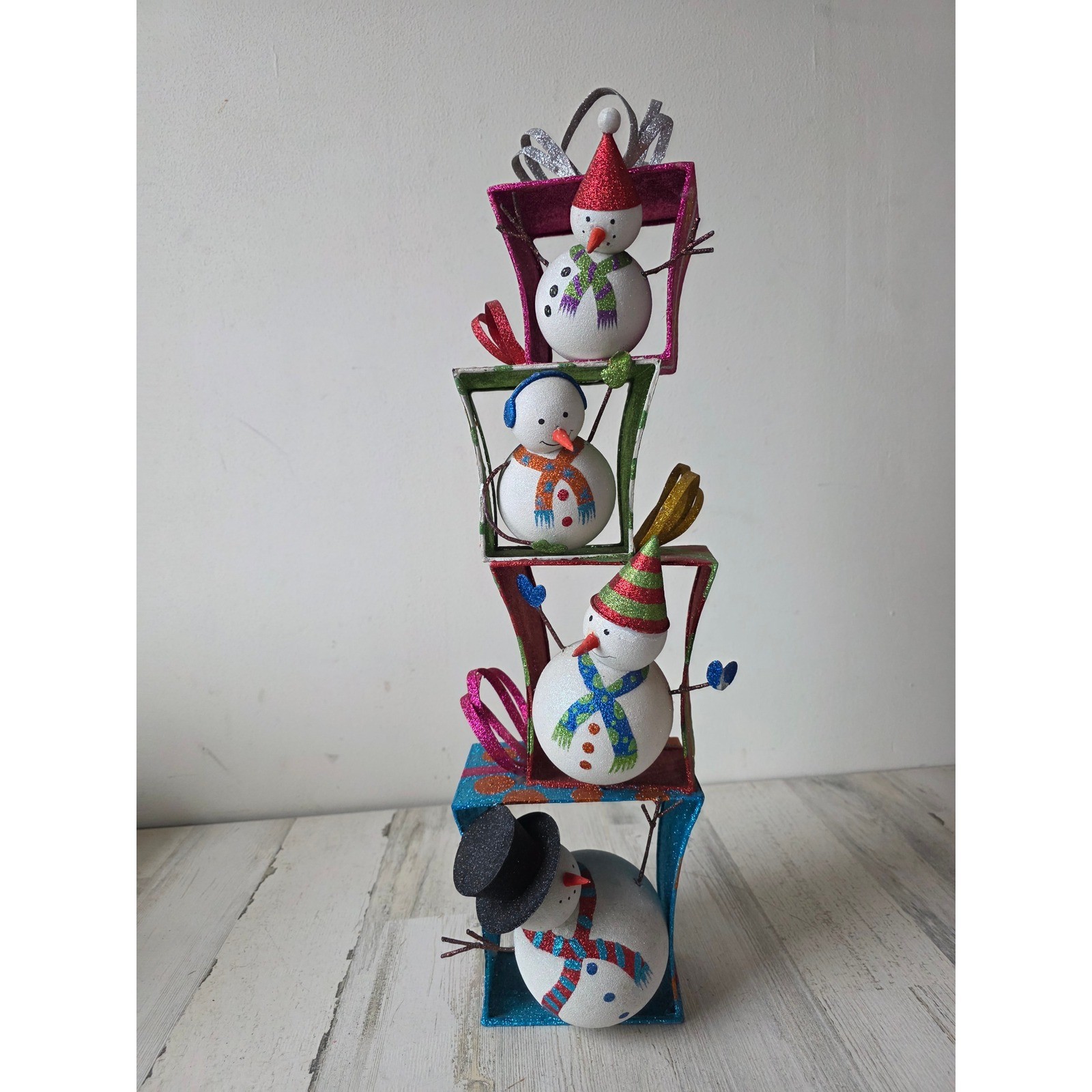 Vintage Pier 1 snowman totem glitter statue Xmas figurine presents rare Vintage Pier 1 snowman totem glitter statue Xmas figurine presents rare