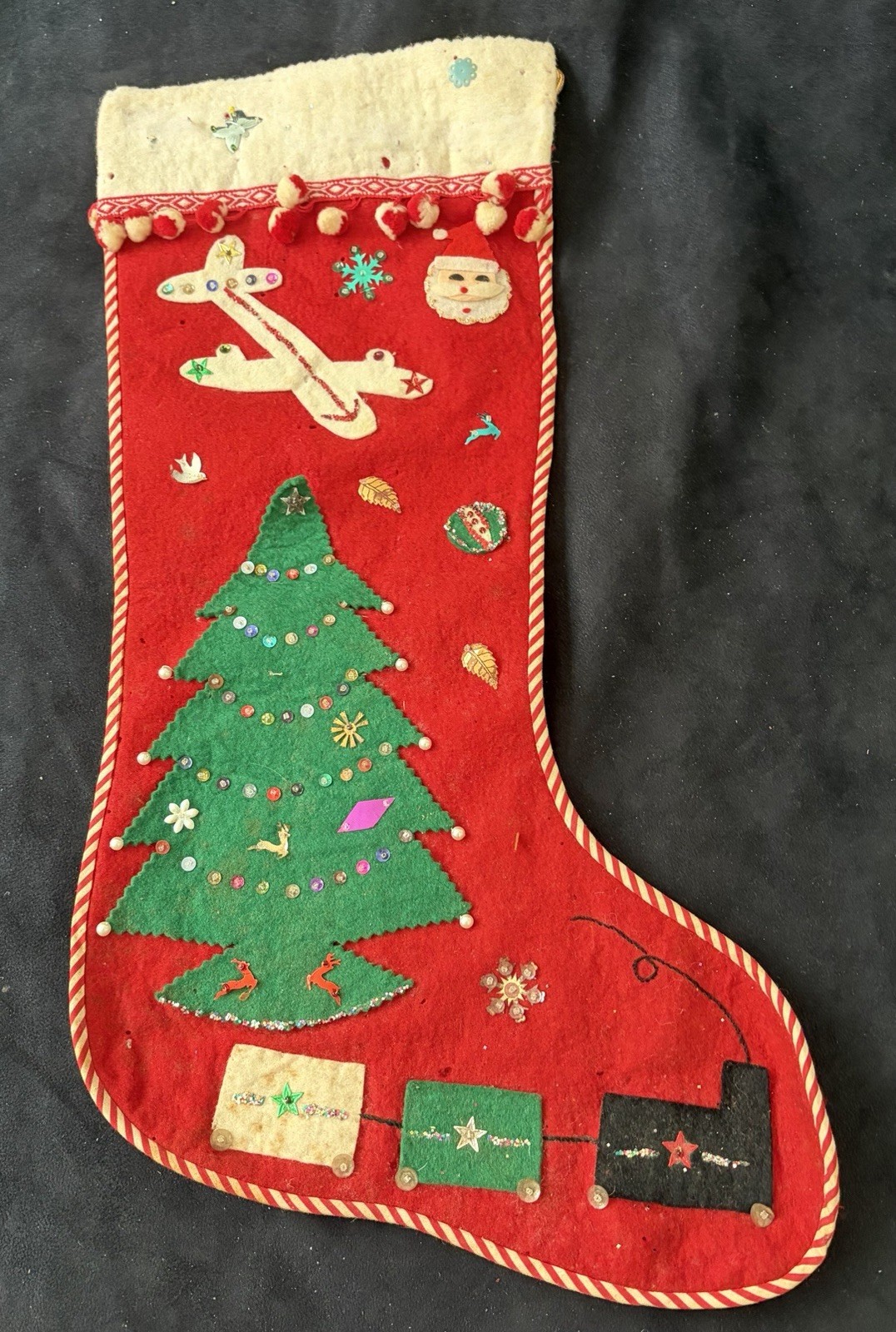 VINTAGE MCM FELT CHRISTMAS STOCKING APPLIQUE SEQUINS & BEADS TRAIN SANTA PLANE VINTAGE MCM FELT CHRISTMAS STOCKING APPLIQUE SEQUINS & BEADS TRAIN SANTA PLANE