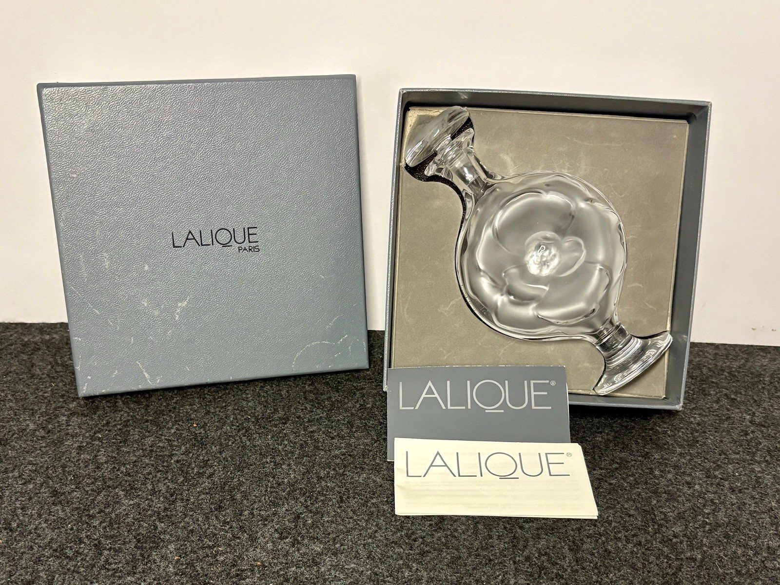 Lalique France Crystal Moulin Rouge Perfume Bottle Frosted Roses 6 5/8 In. High Lalique France Crystal Moulin Rouge Perfume Bottle Frosted Roses 6 5/8 In. High