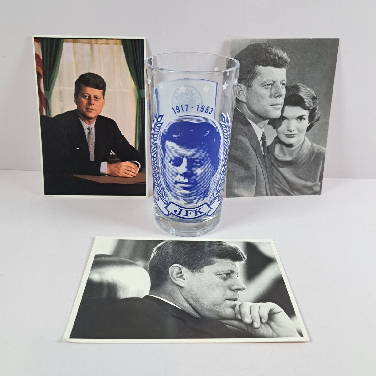 Vintage JFK Memorial Glass Tumbler 1917-1963 & Postcard President John F Kennedy