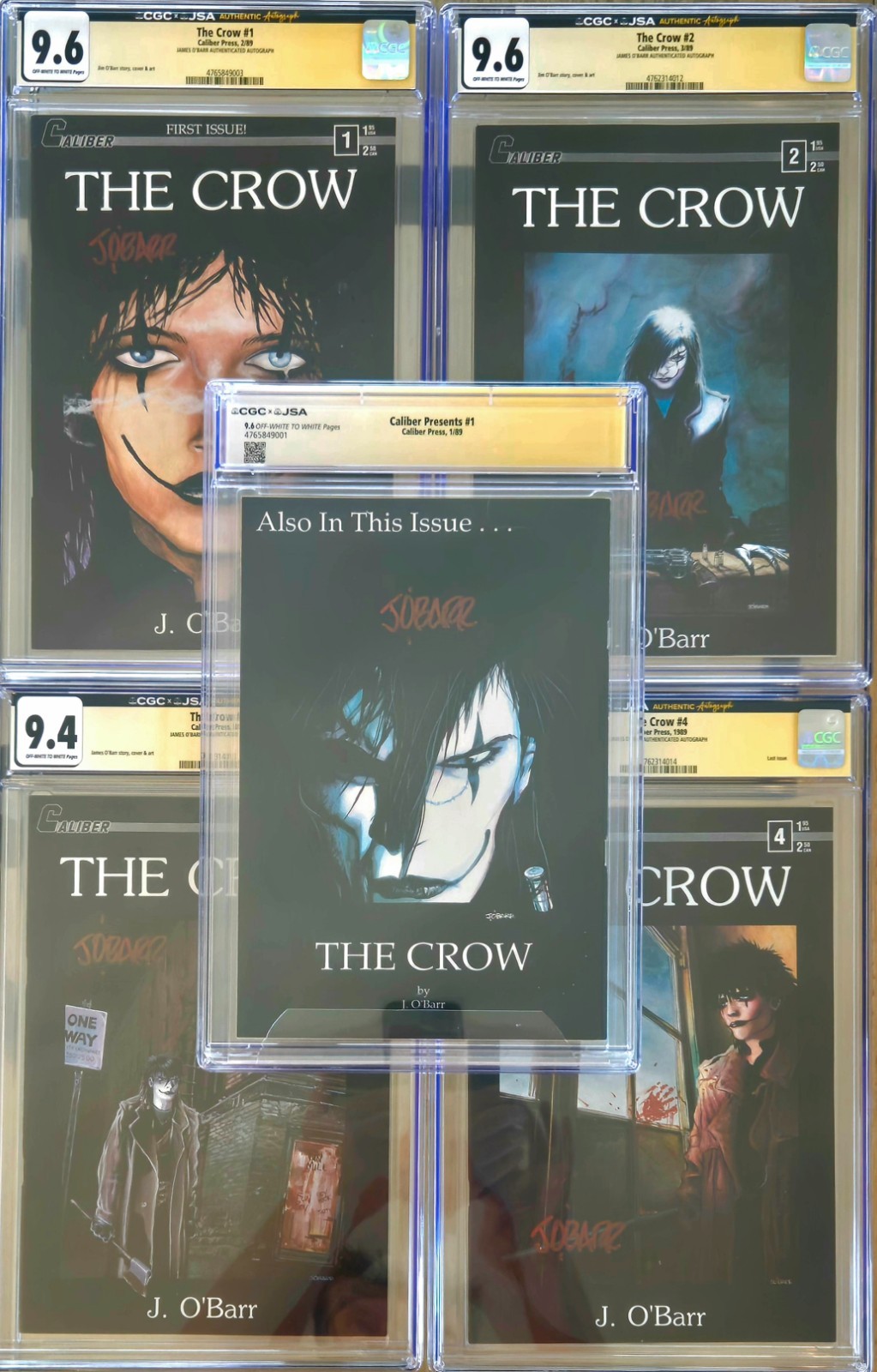 Crow 1-4 + Caliber Presents 1 (1st Crow) set, CGC Graded/Signed in Red J. O'Barr Crow 1-4 + Caliber Presents 1 (1st Crow) set, CGC Graded/Signed in Red J. O'Barr